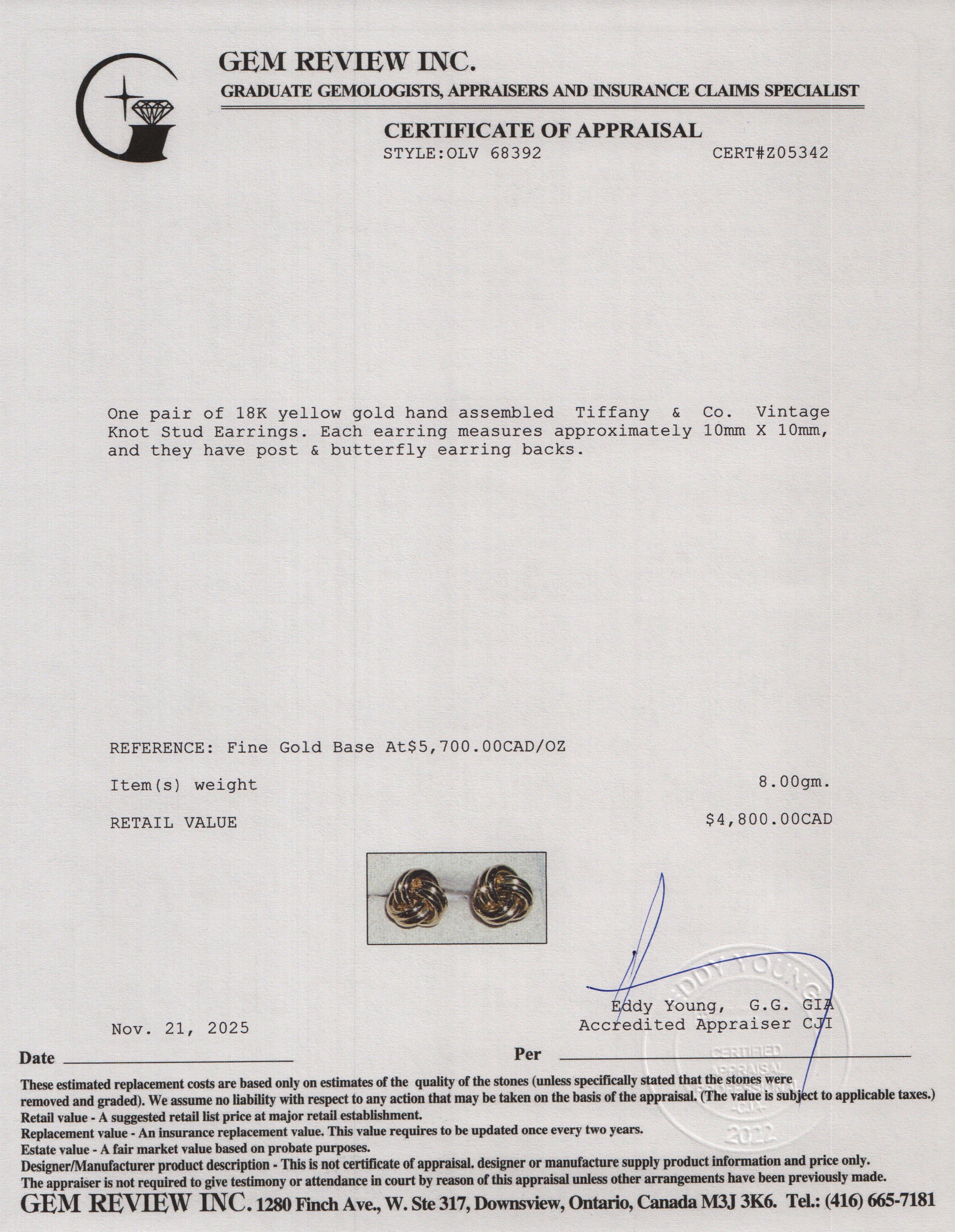 Tiffany & Co. Vintage 18k Yellow Gold Knot Stud Earrings w/ Box