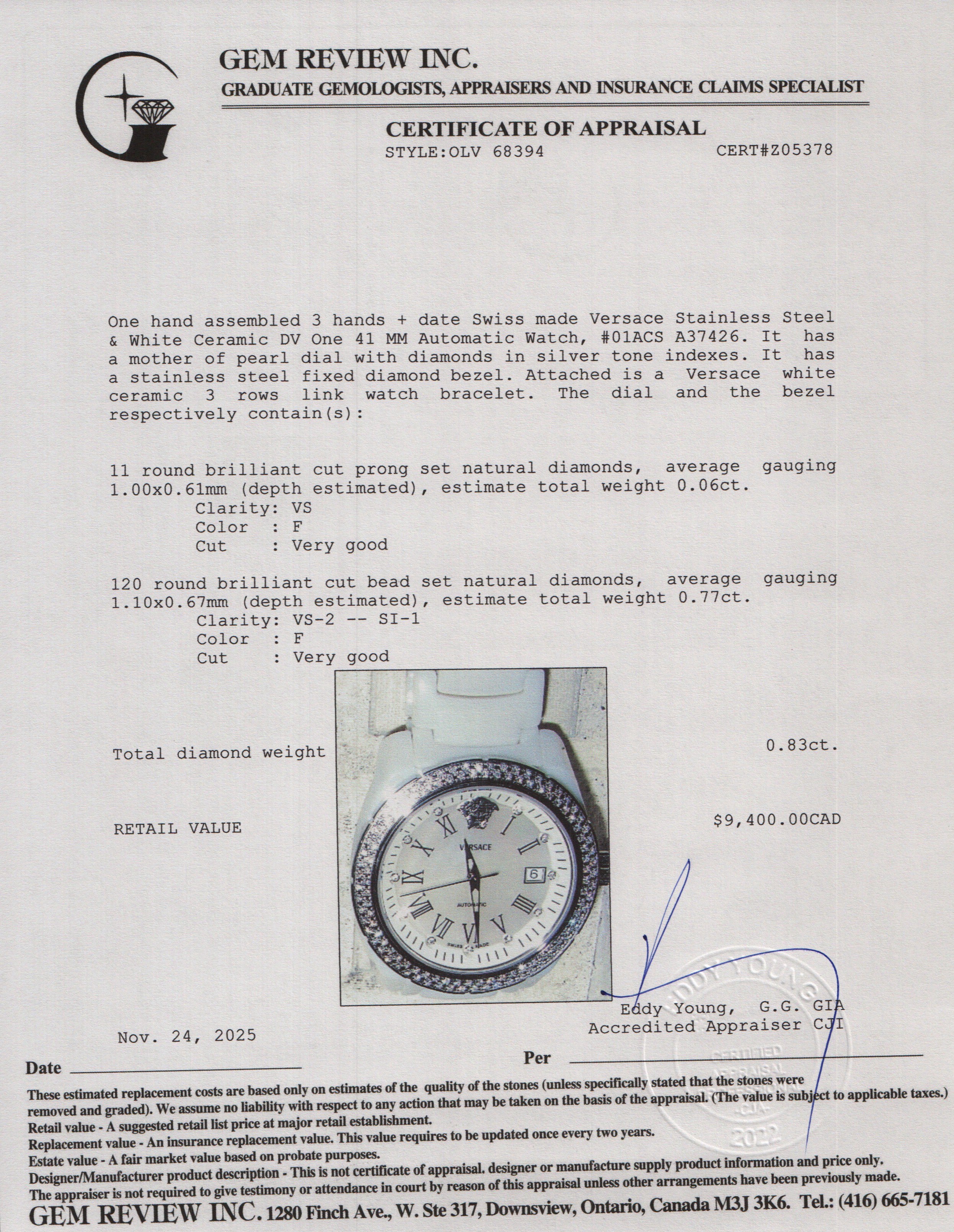 Versace Stainless Steel & White Ceramic DV One 41 MM Automatic Watch Diamond Mother of Pearl Dial w/ Box & Papers