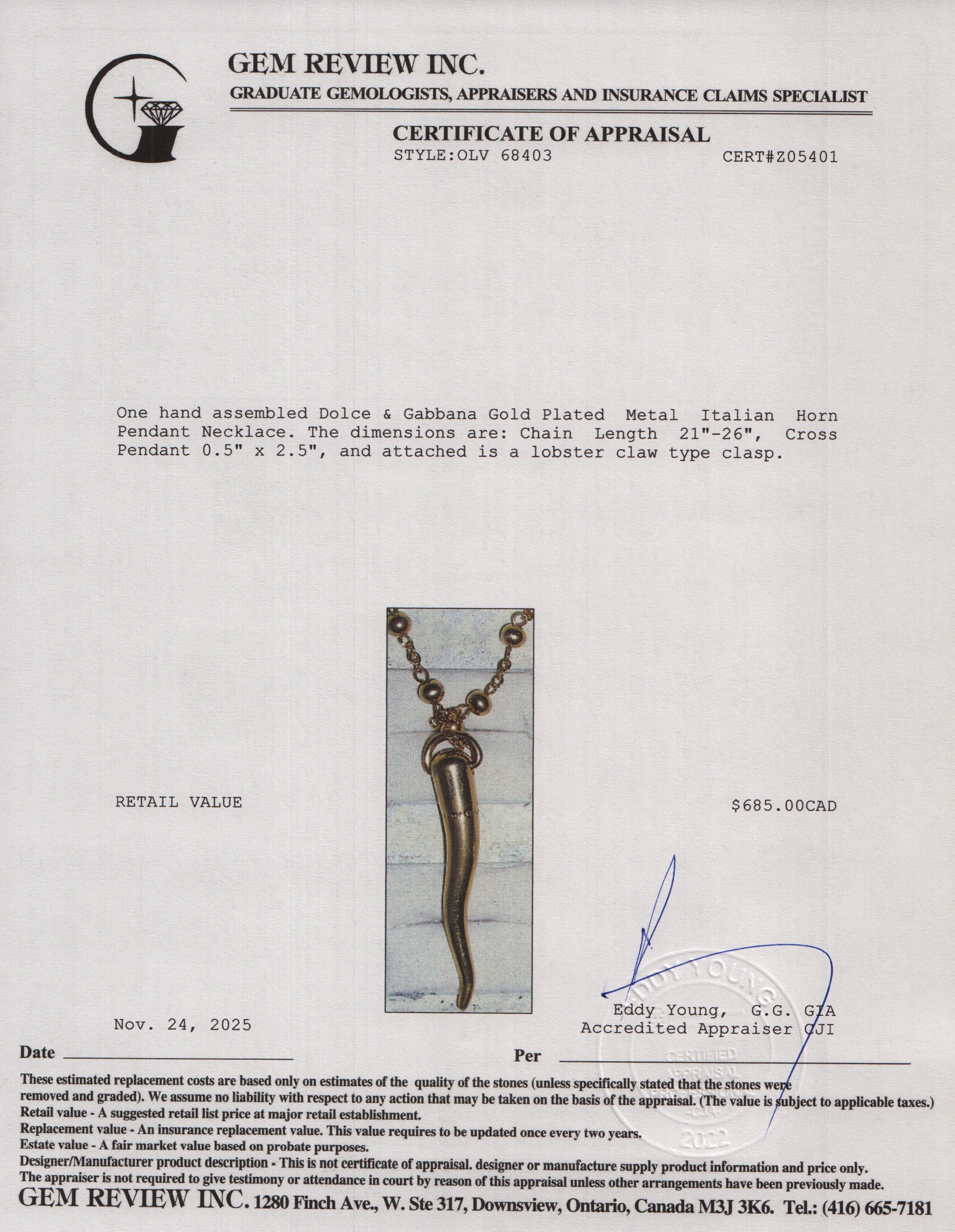 Dolce & Gabbana Gold Plated Metal Italian Horn Pendant Necklace