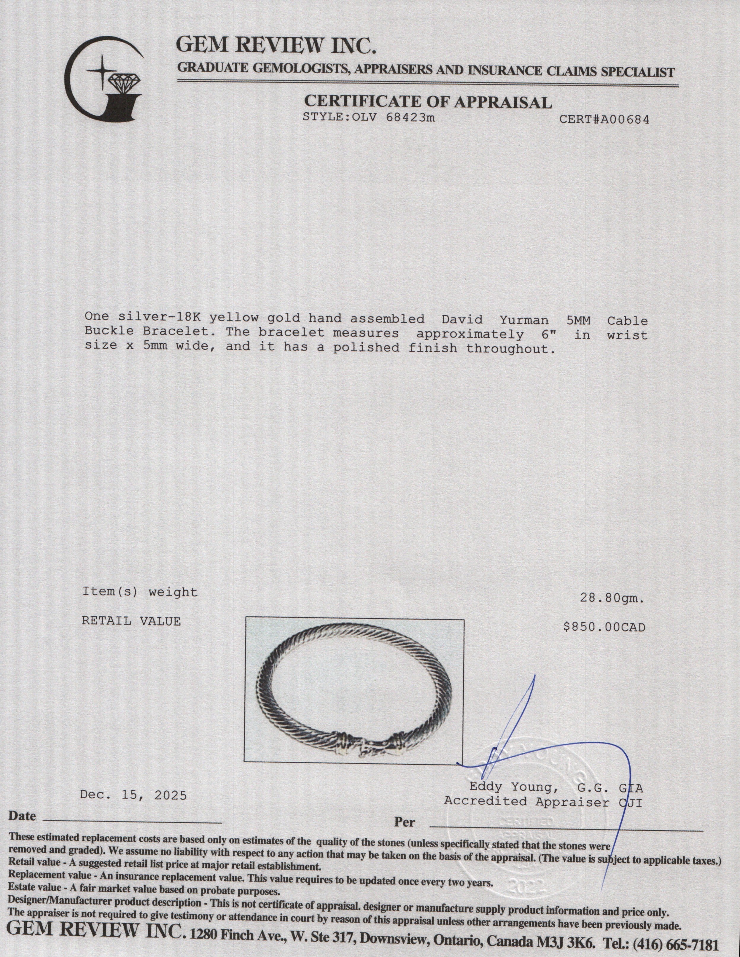 David Yurman Sterling Silver & 18k Yellow Gold 5MM Cable Buckle Bracelet w/ Box