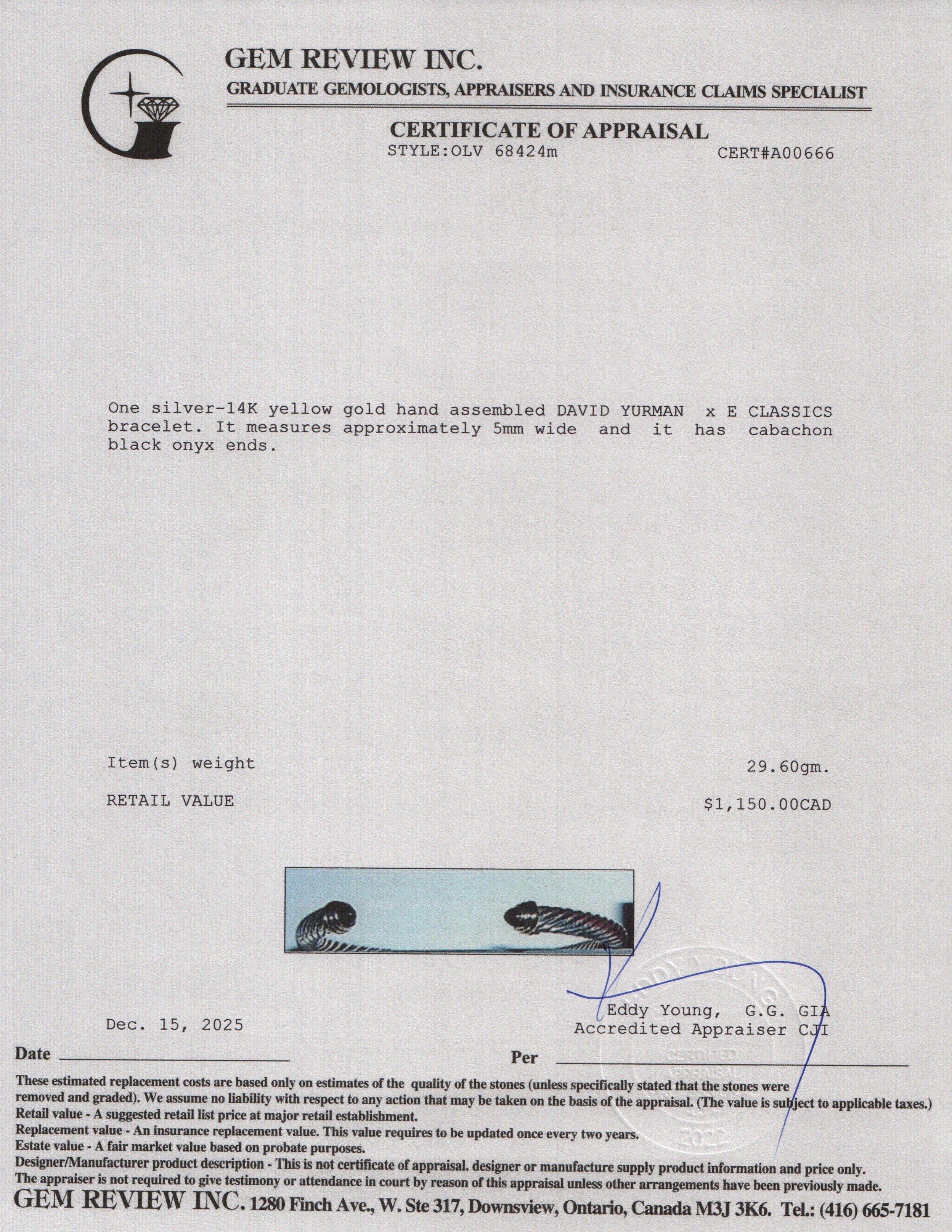 David Yurman Sterling Silver & 14k Yellow Gold 5MM Cable Classics Bracelet with Black Onyx w/ Box