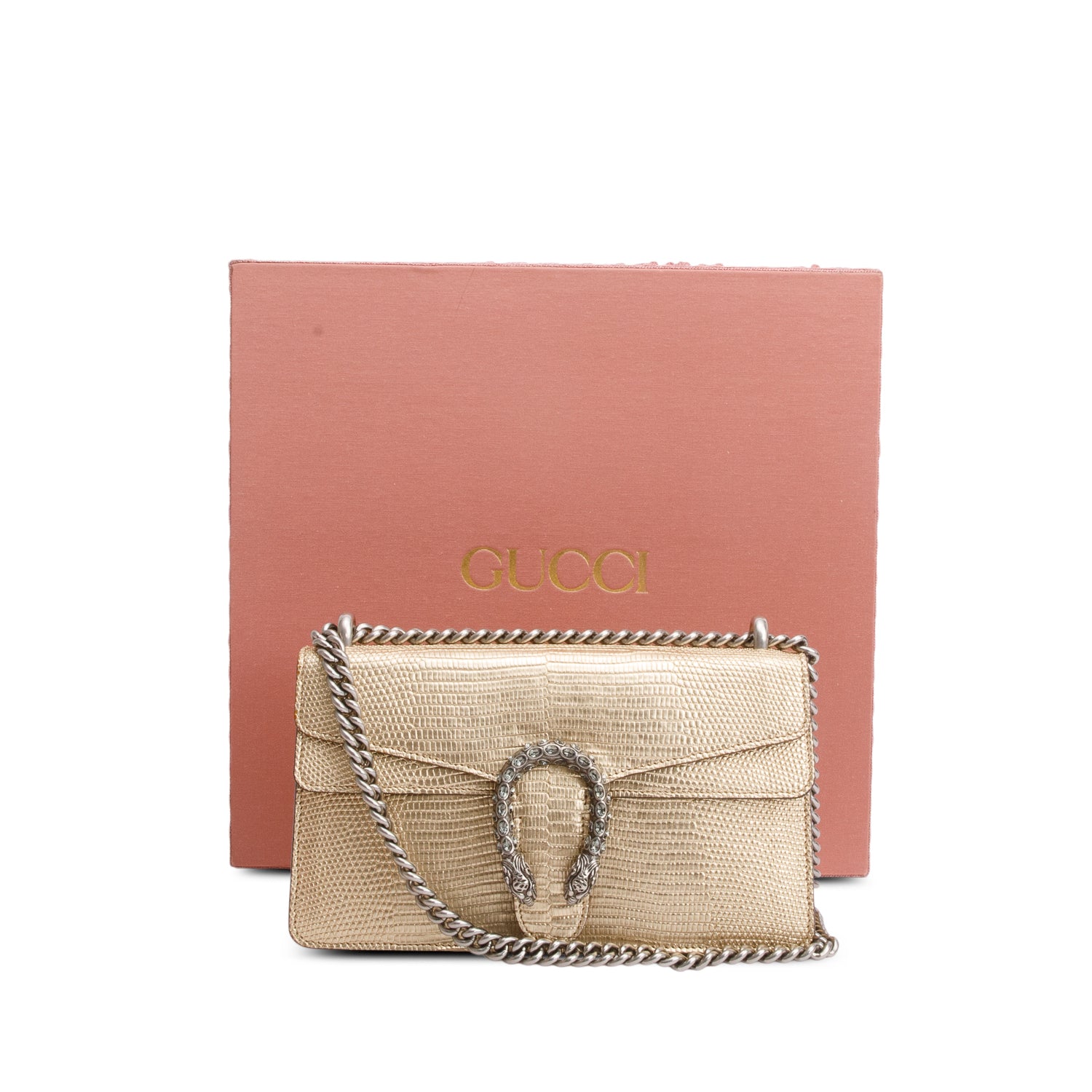 Gucci Gold Metallic Lizard Embossed Crystal Small Dionysus Shoulder Bag w/ Box