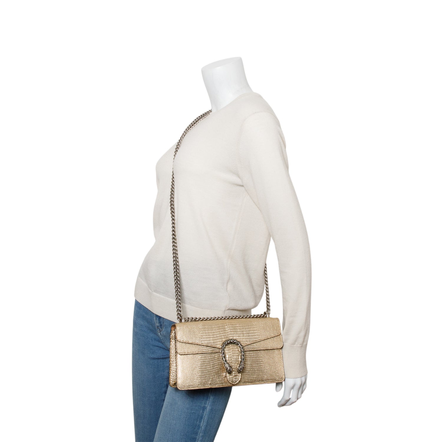 Gucci Gold Metallic Lizard Embossed Crystal Small Dionysus Shoulder Bag w/ Box