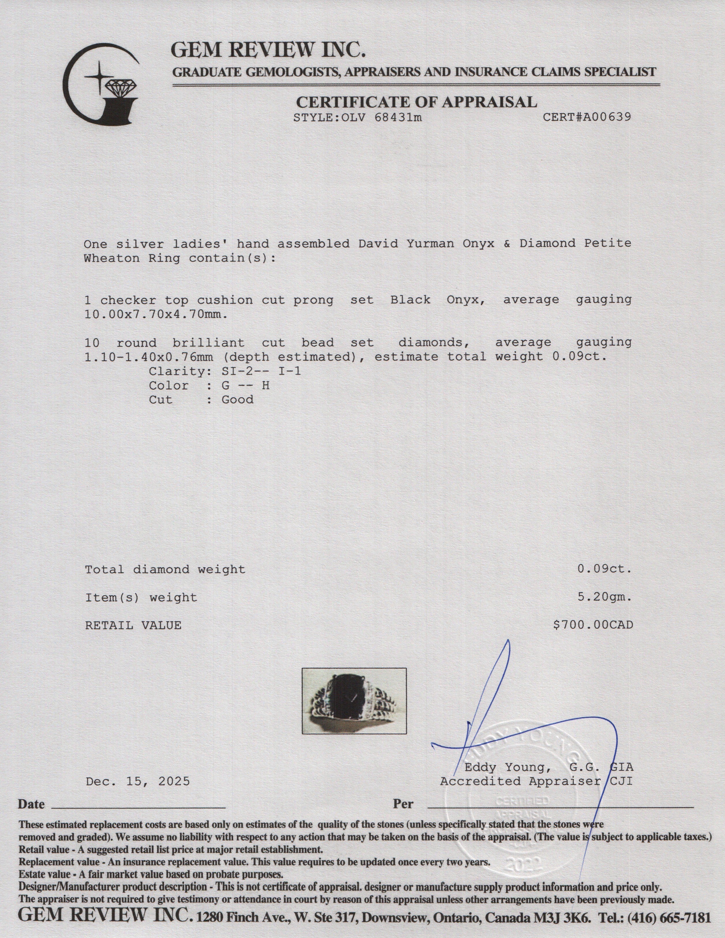 David Yurman Sterling Onyx & Diamond Petite Wheaton Band Ring, 10 MM Size 5.75