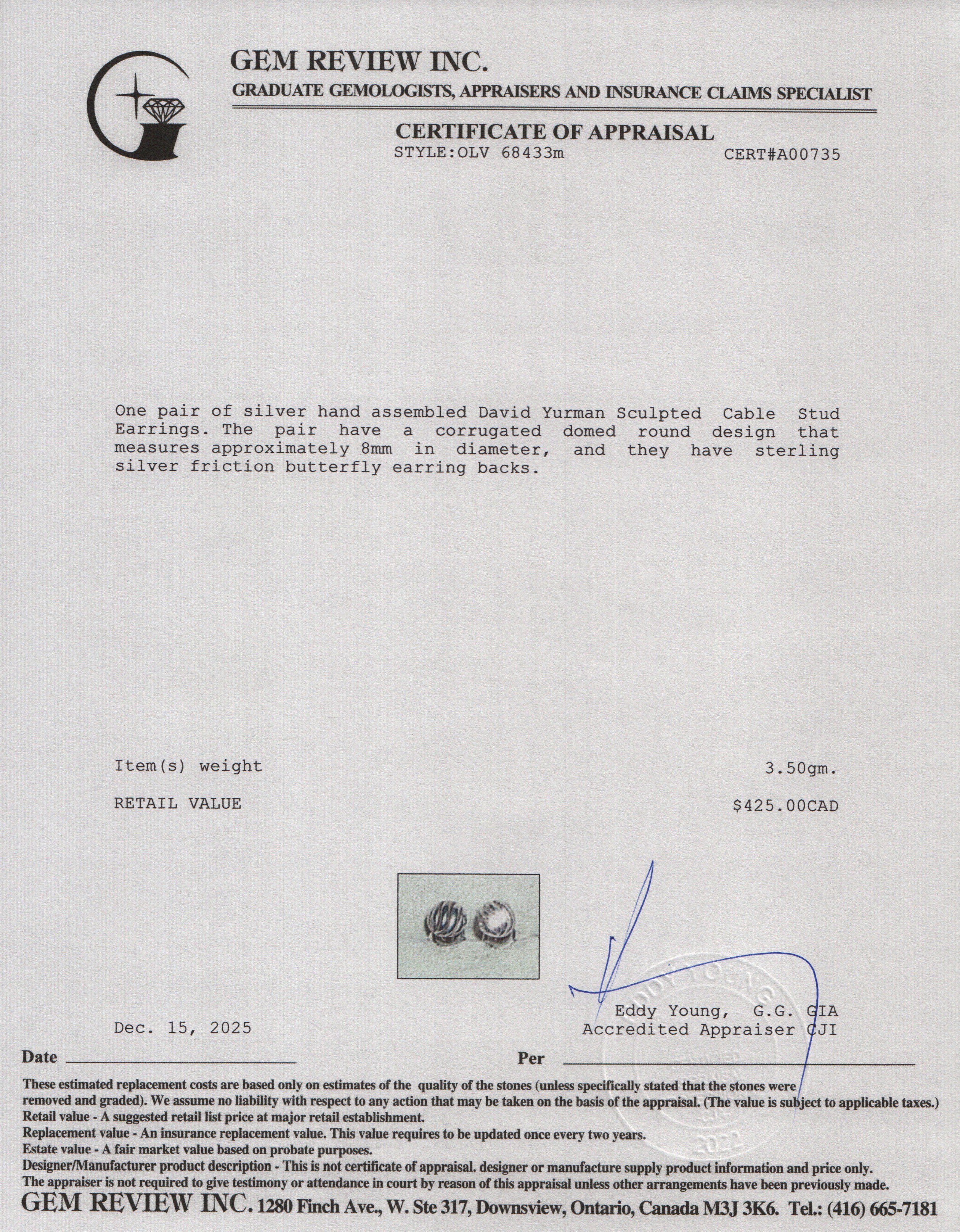 David Yurman Sterling Silver Sculpted Cable Stud Earrings