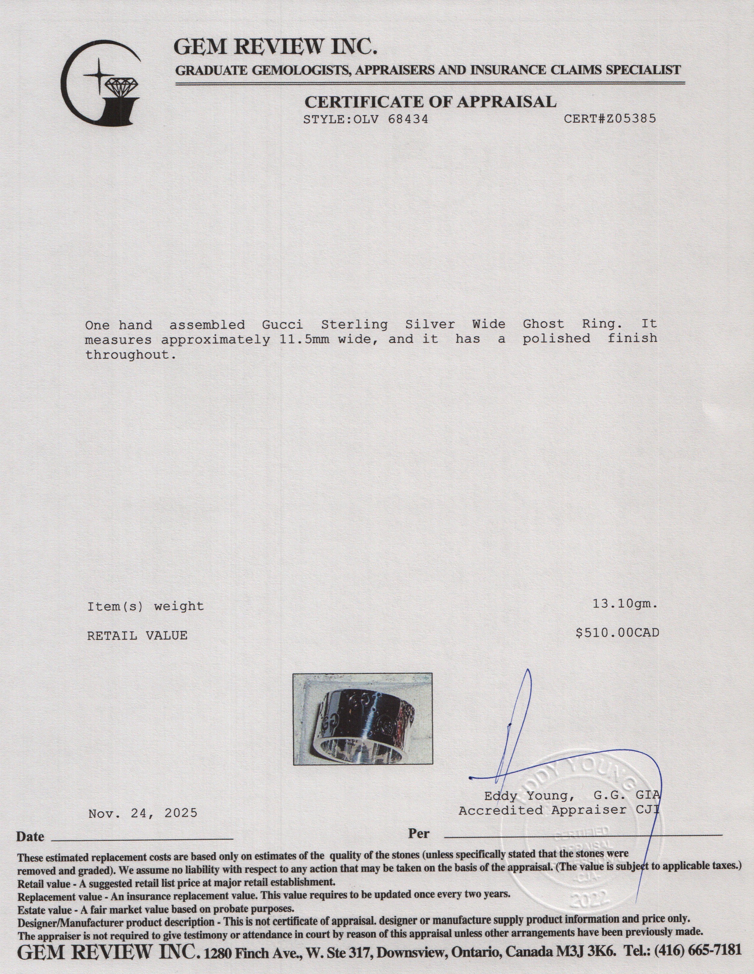 Gucci Sterling Silver Wide 11.5 MM Ghost Ring, Size 8.5