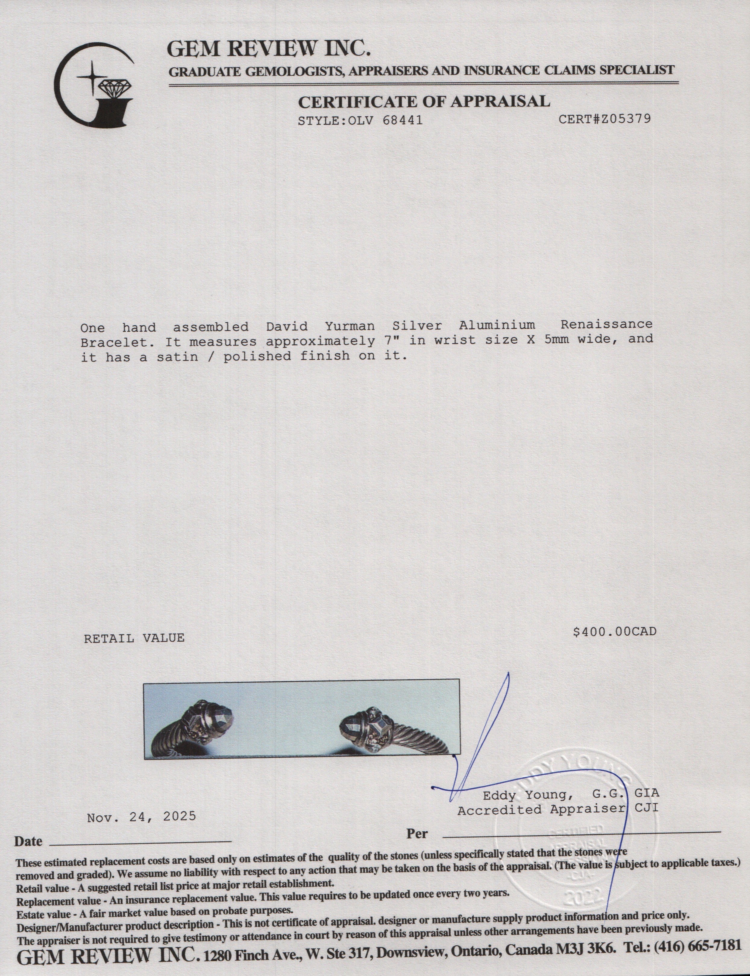 David Yurman Silver Tone Aluminium 5 MM Renaissance Bracelet