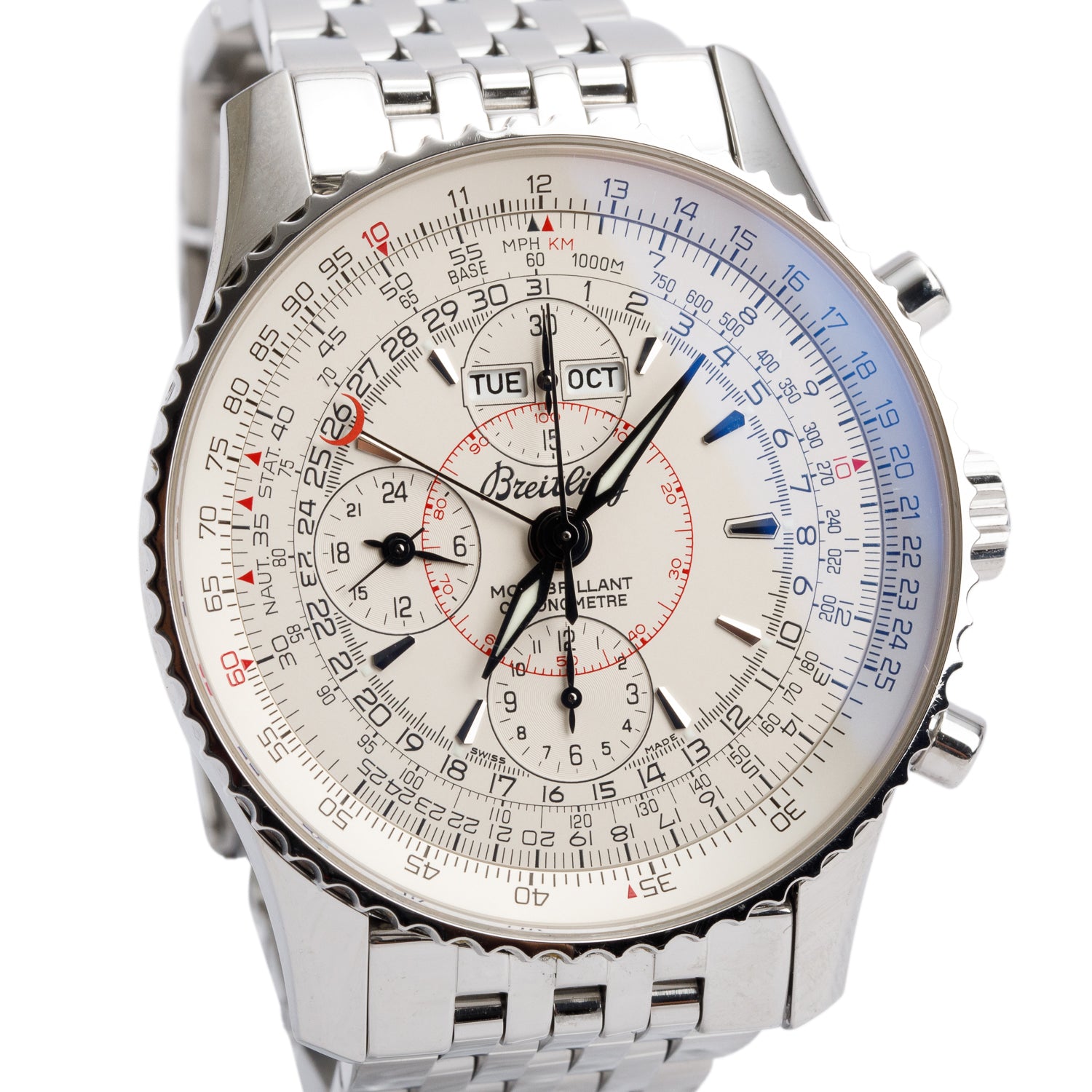 Breitling Stainless Steel Montbrillant Datora 43 MM Automatic Chronograph Watch Silver Dial A21330 w/ Box & Papers