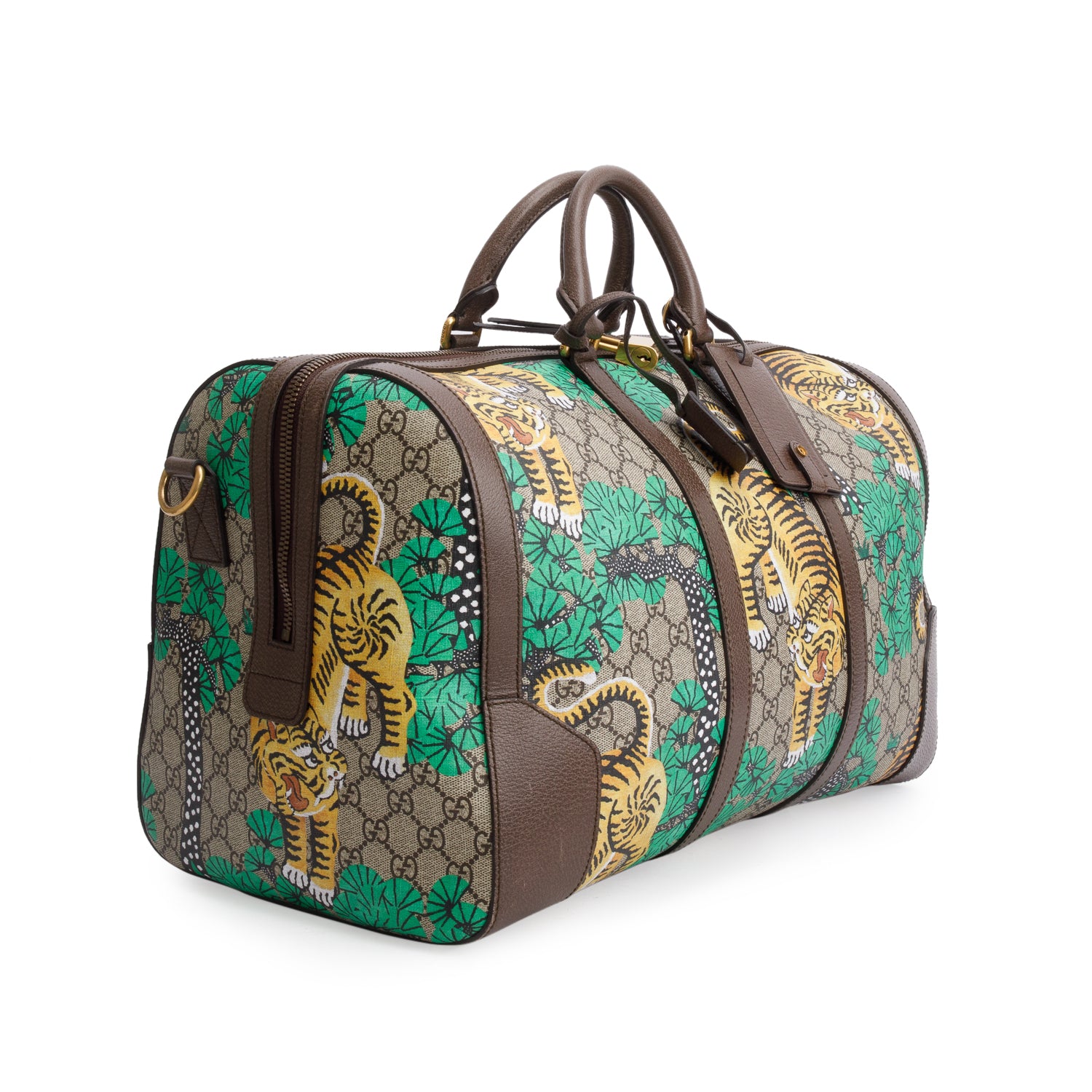 Gucci GG Supreme Monogram Bengal Web Boston Duffel Bag w/ Strap