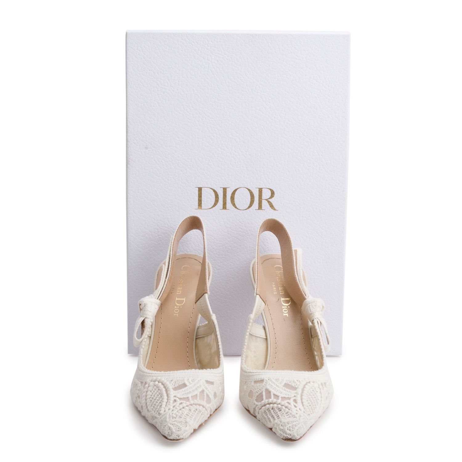 Christian Dior White Ribbon Butterfly Macramé Embroidered J'Adior Slingback Pumps, Size 36 w/ Box