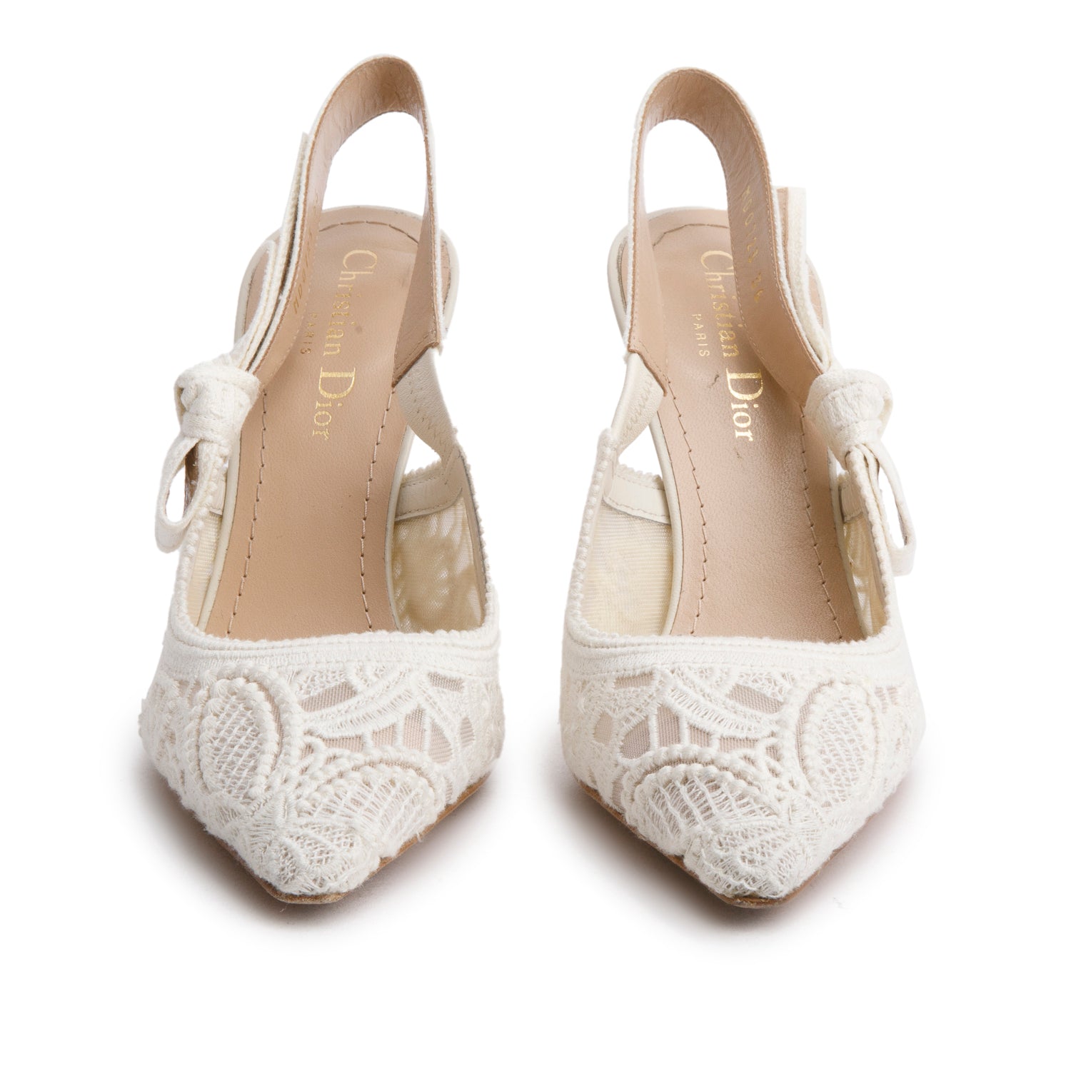 Christian Dior White Ribbon Butterfly Macramé Embroidered J'Adior Slingback Pumps, Size 36 w/ Box