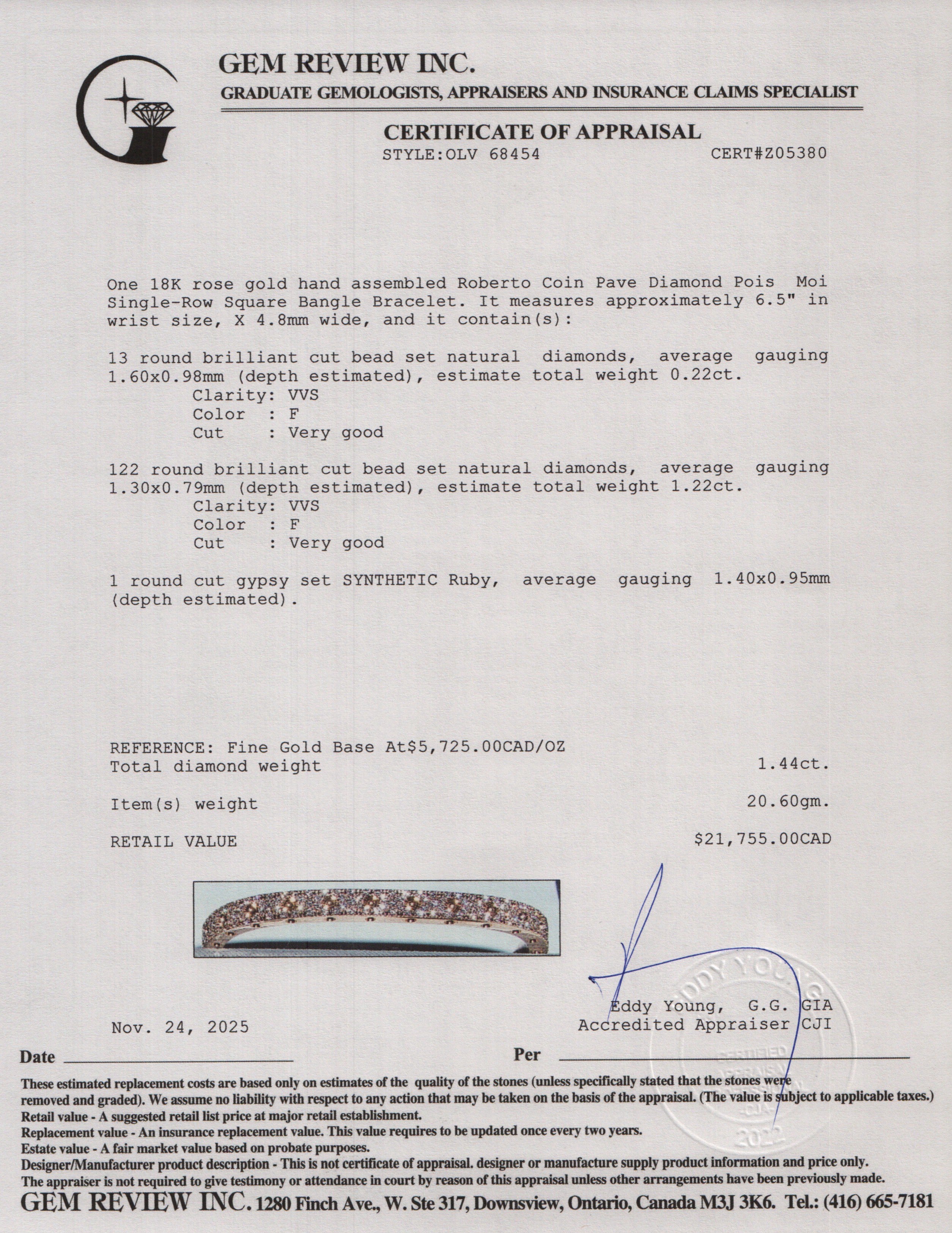 Roberto Coin 18k Rose Gold Pave Diamond Pois Moi Single-Row Square Bangle Bracelet