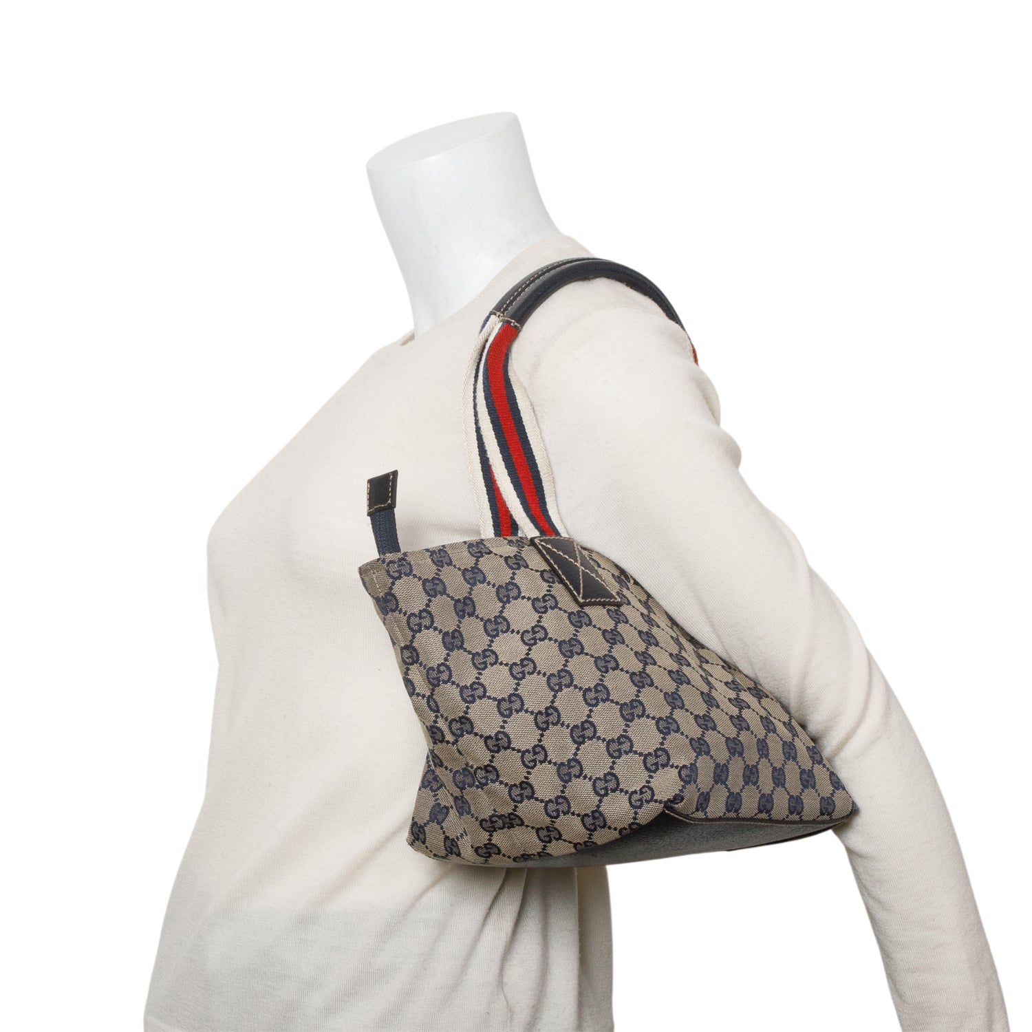 Gucci Navy Monogram Small Web Handle Bucket Tote