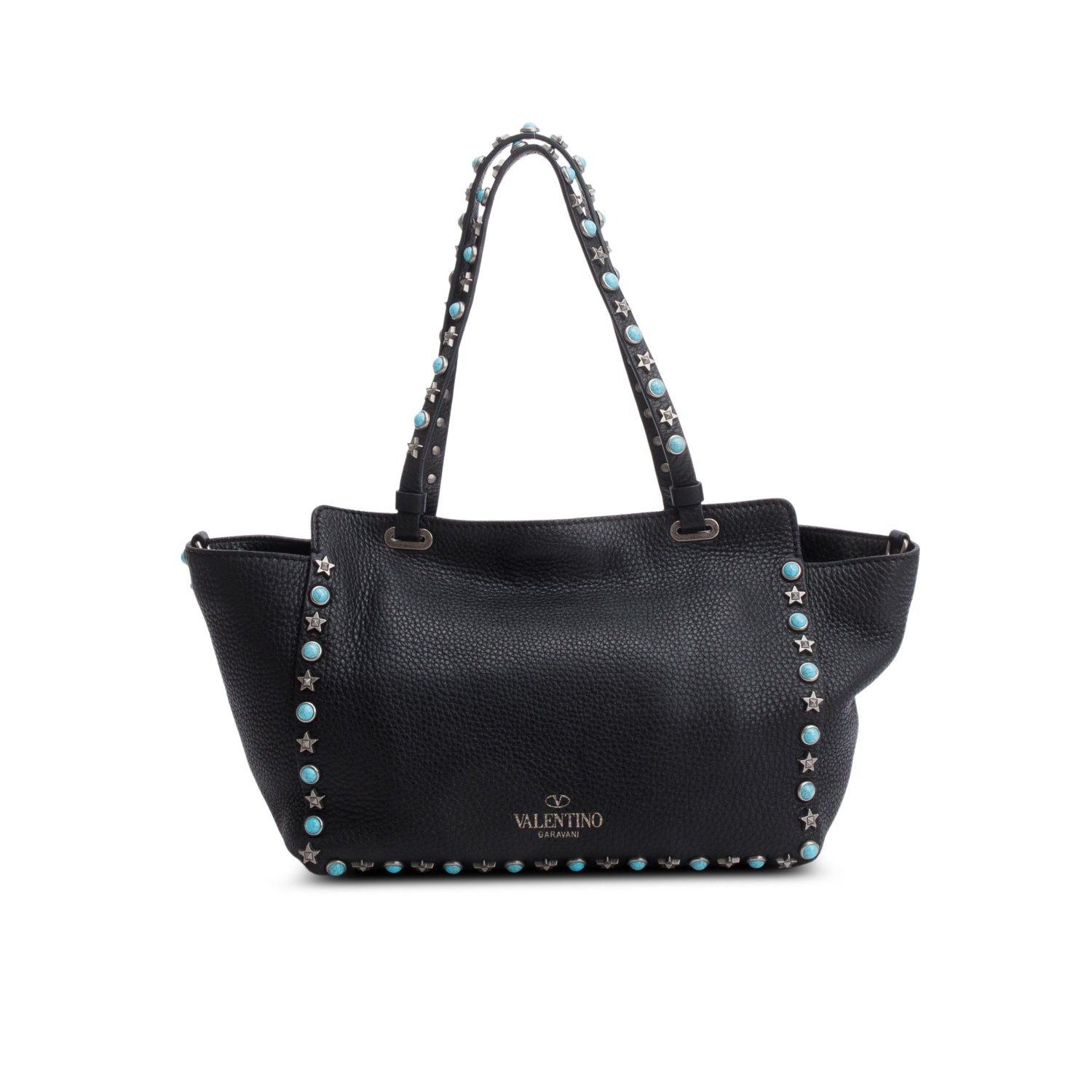 Valentino Black Pebbled Calfskin Small Rockstud Rolling Tote