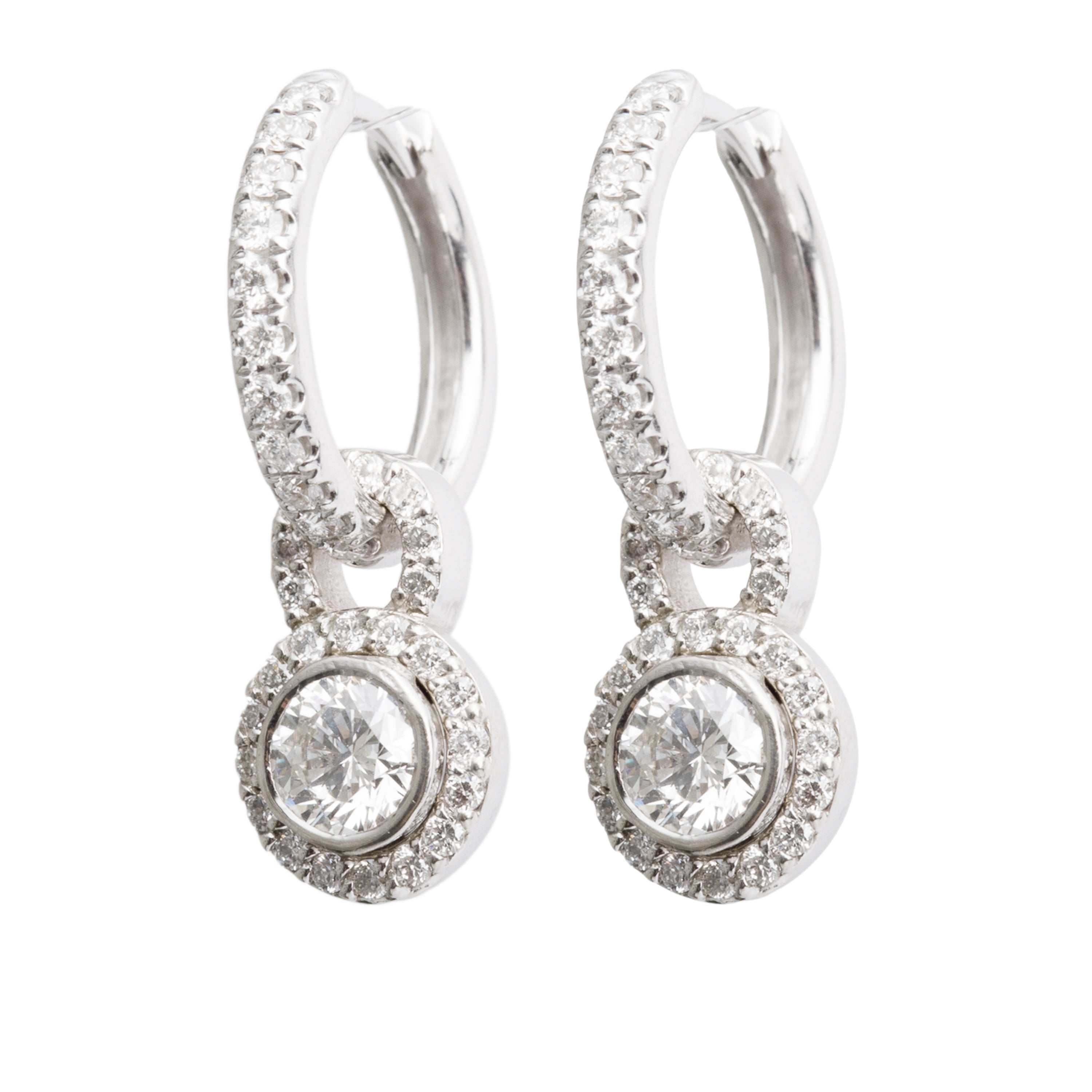 14k White Gold Diamond Huggie Drop Earrings