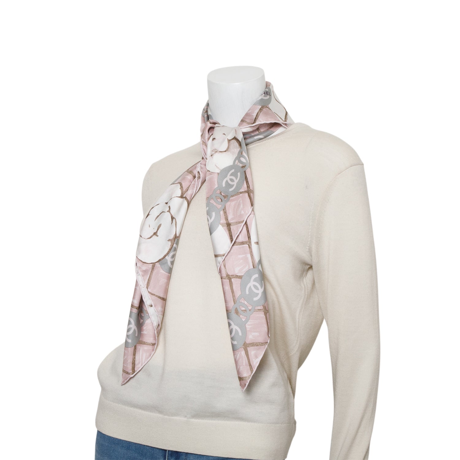 Chanel Pink Silk CC Logo Camellia Scarf