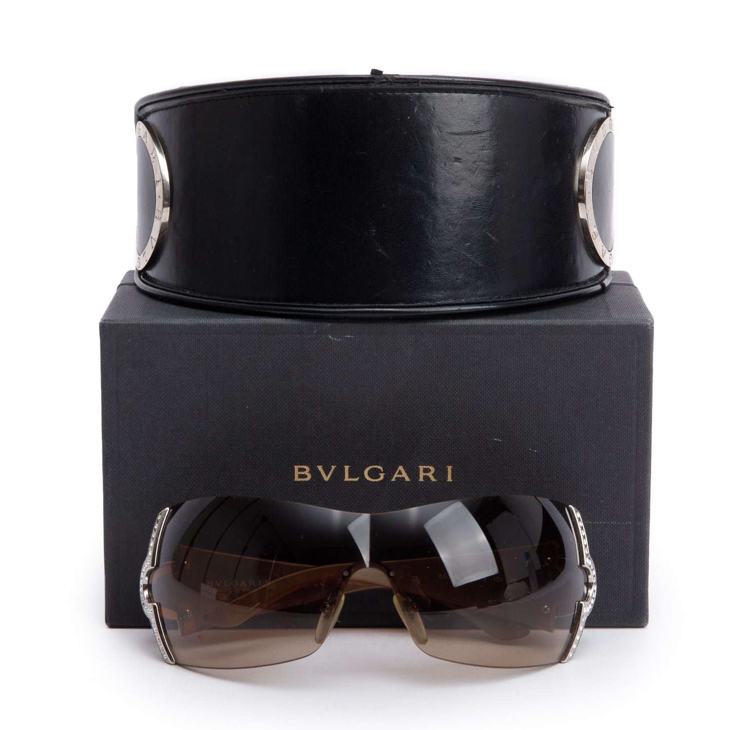 Bvlgari 651-B Brown Rimless Shield Crystal Sunglasses w/ Box & Case