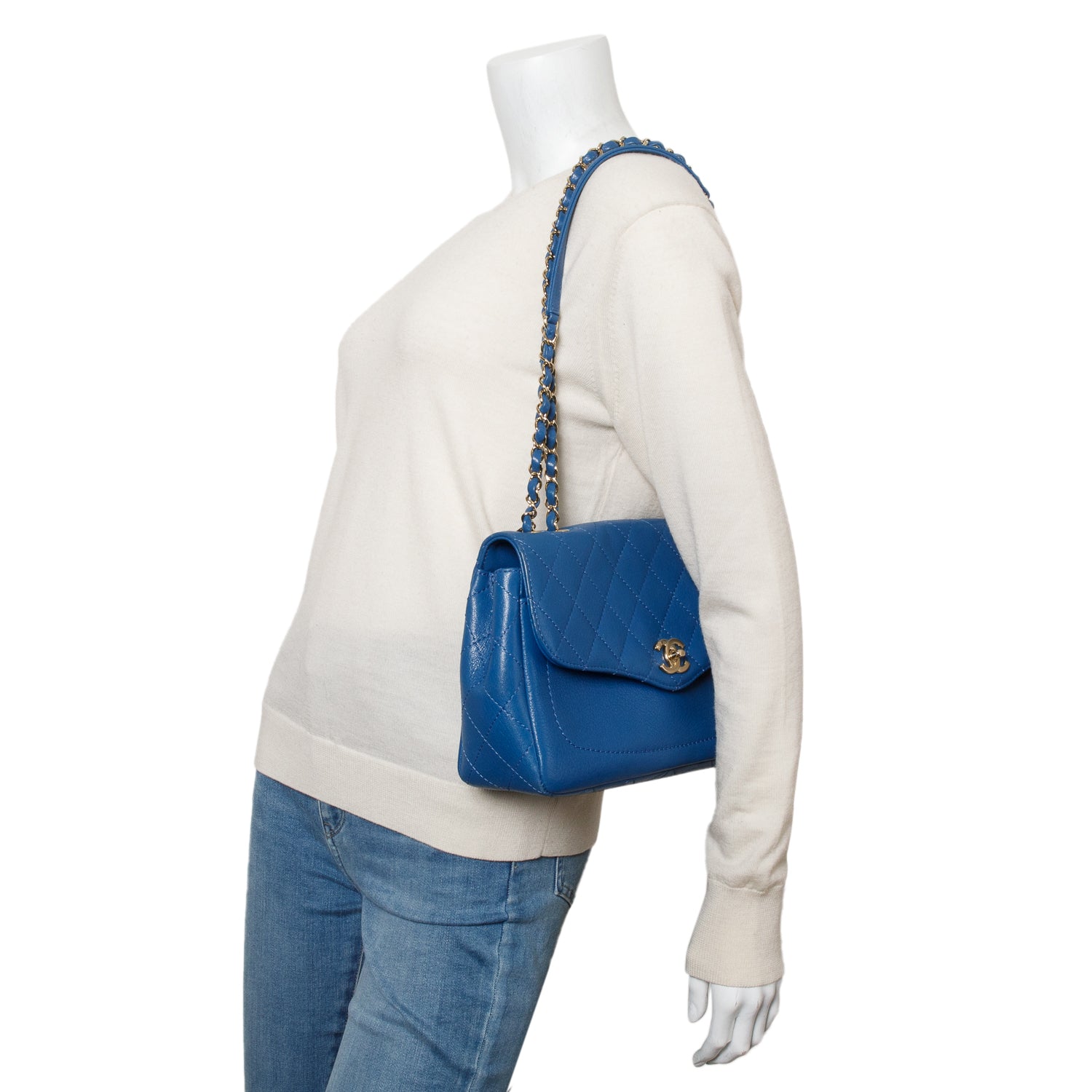 Chanel Blue Quilted Goatskin Coco Curve Flap Messenger Bag w/ Authenticity Card