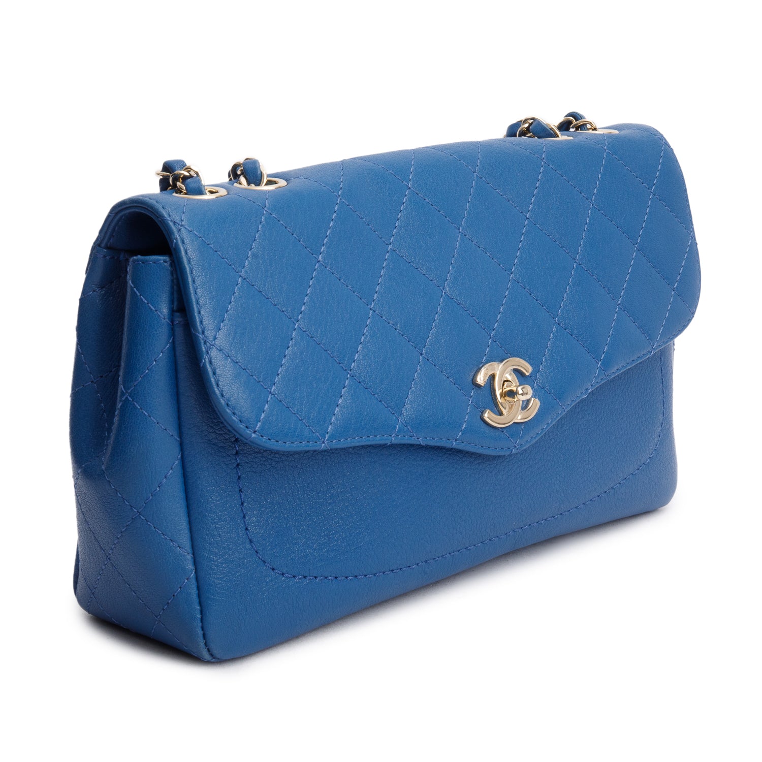 Chanel Blue Quilted Goatskin Coco Curve Flap Messenger Bag w/ Authenticity Card