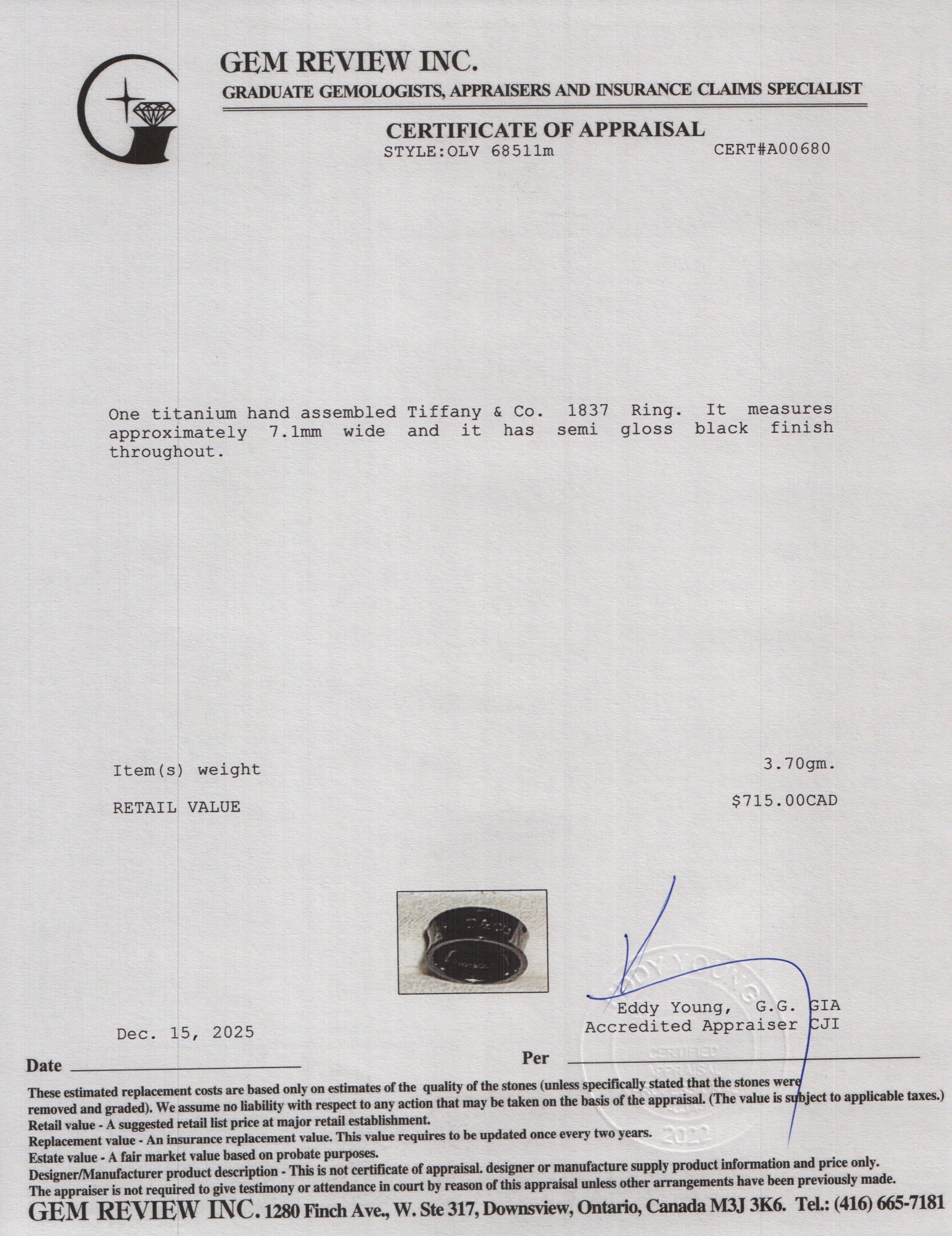 Tiffany & Co. Titanium 1837 Ring, Size 9