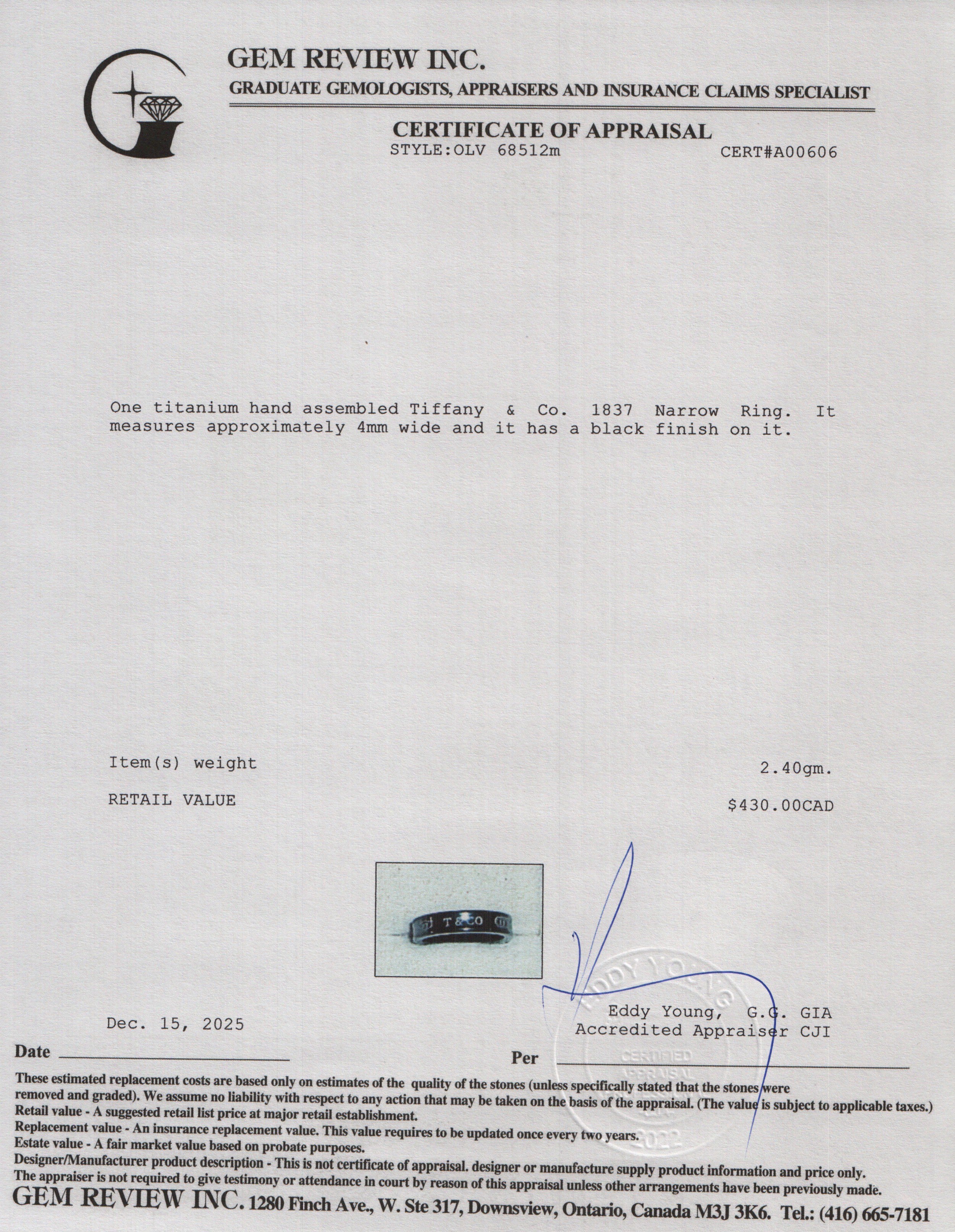 Tiffany & Co. Titanium 1837 Narrow Ring, Size 6.5