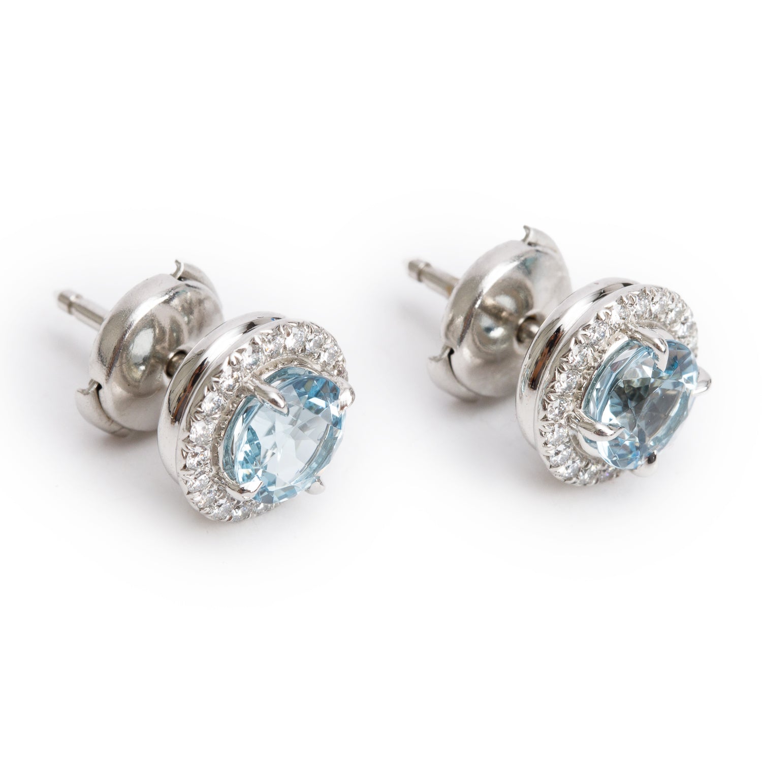 Tiffany & Co. Platinum 6 MM Aquamarine & Diamond Soleste Stud Earrings w/ Box