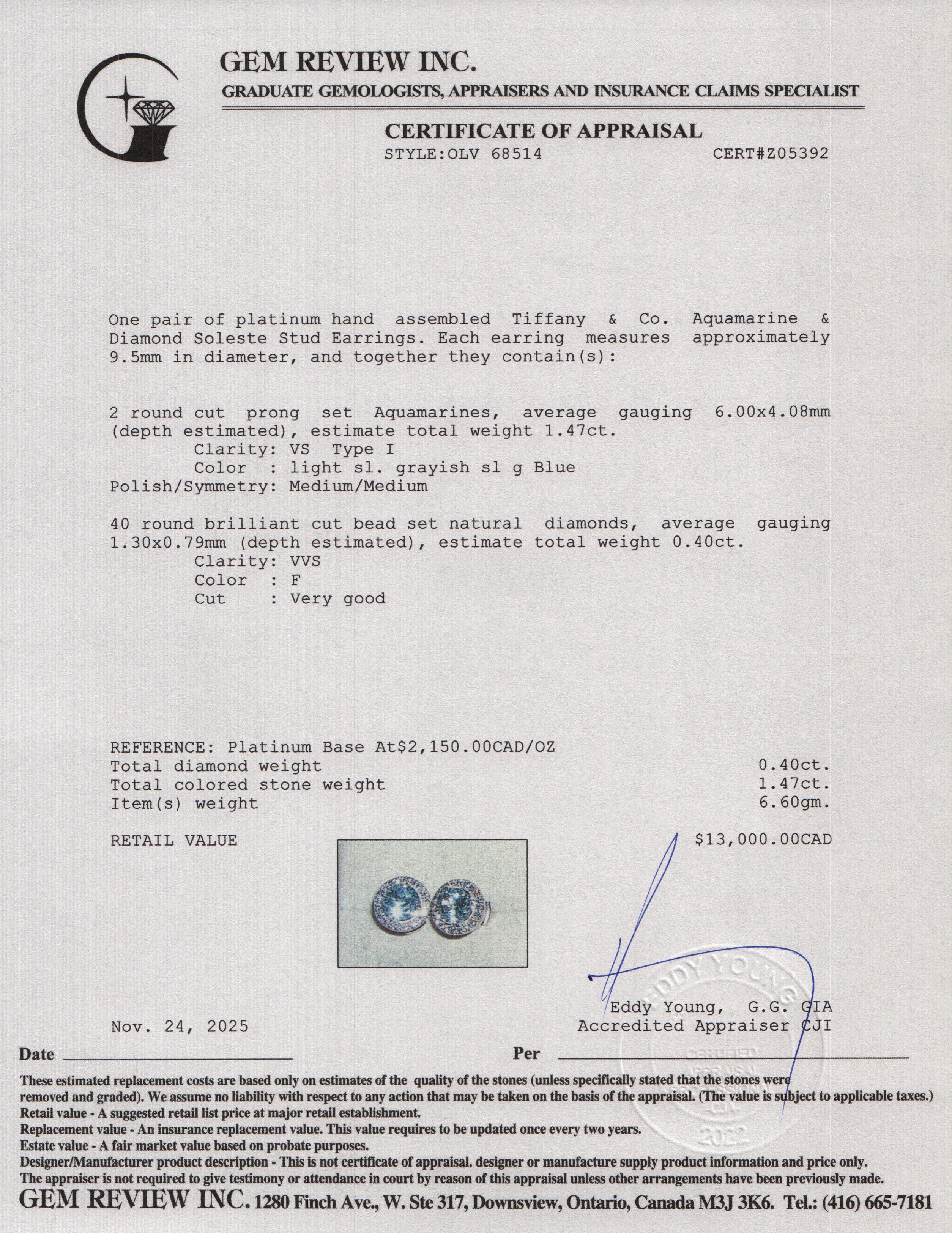 Tiffany & Co. Platinum 6 MM Aquamarine & Diamond Soleste Stud Earrings w/ Box