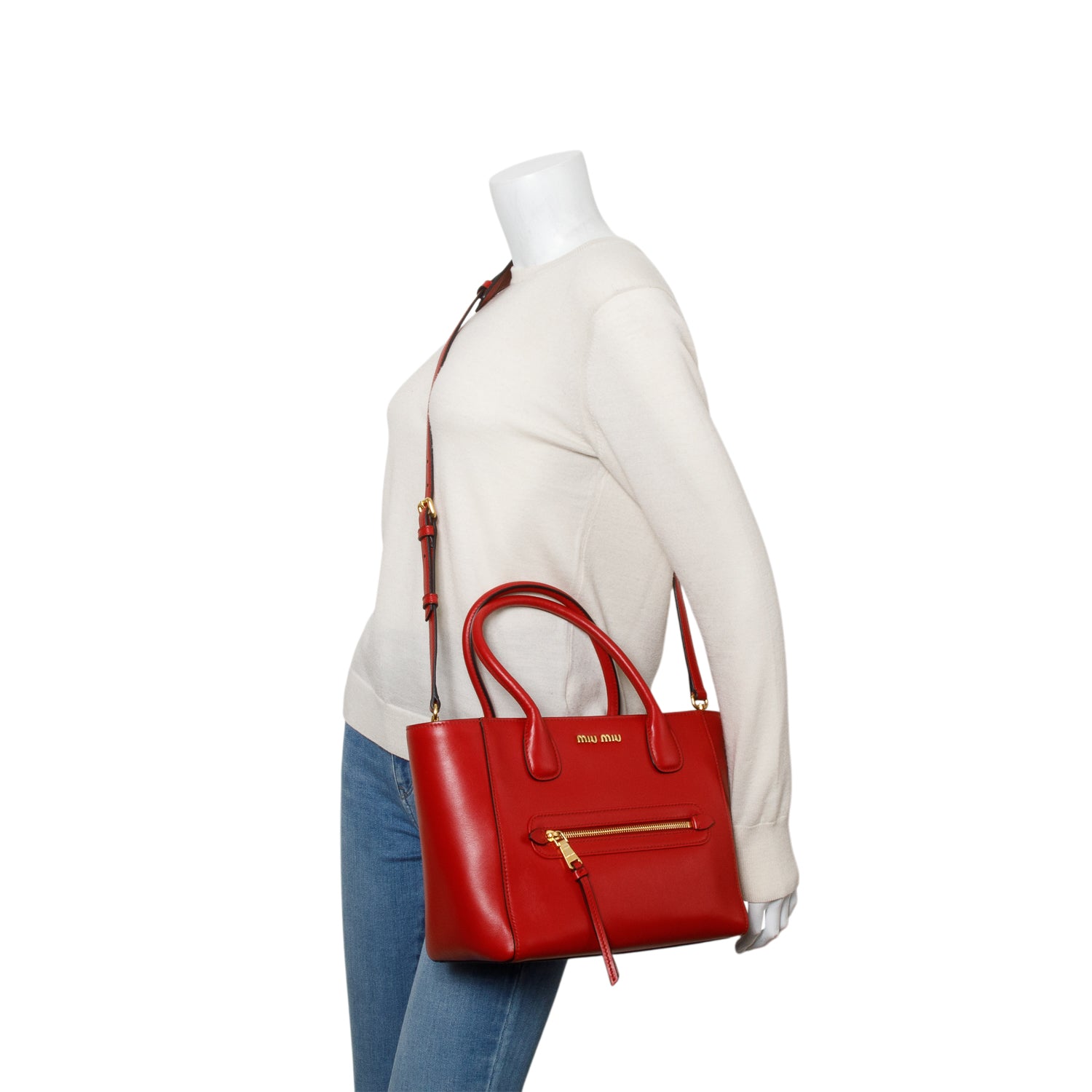 Miu Miu Red Shiny Calfskin Two Way Tote Bag w/ Strap