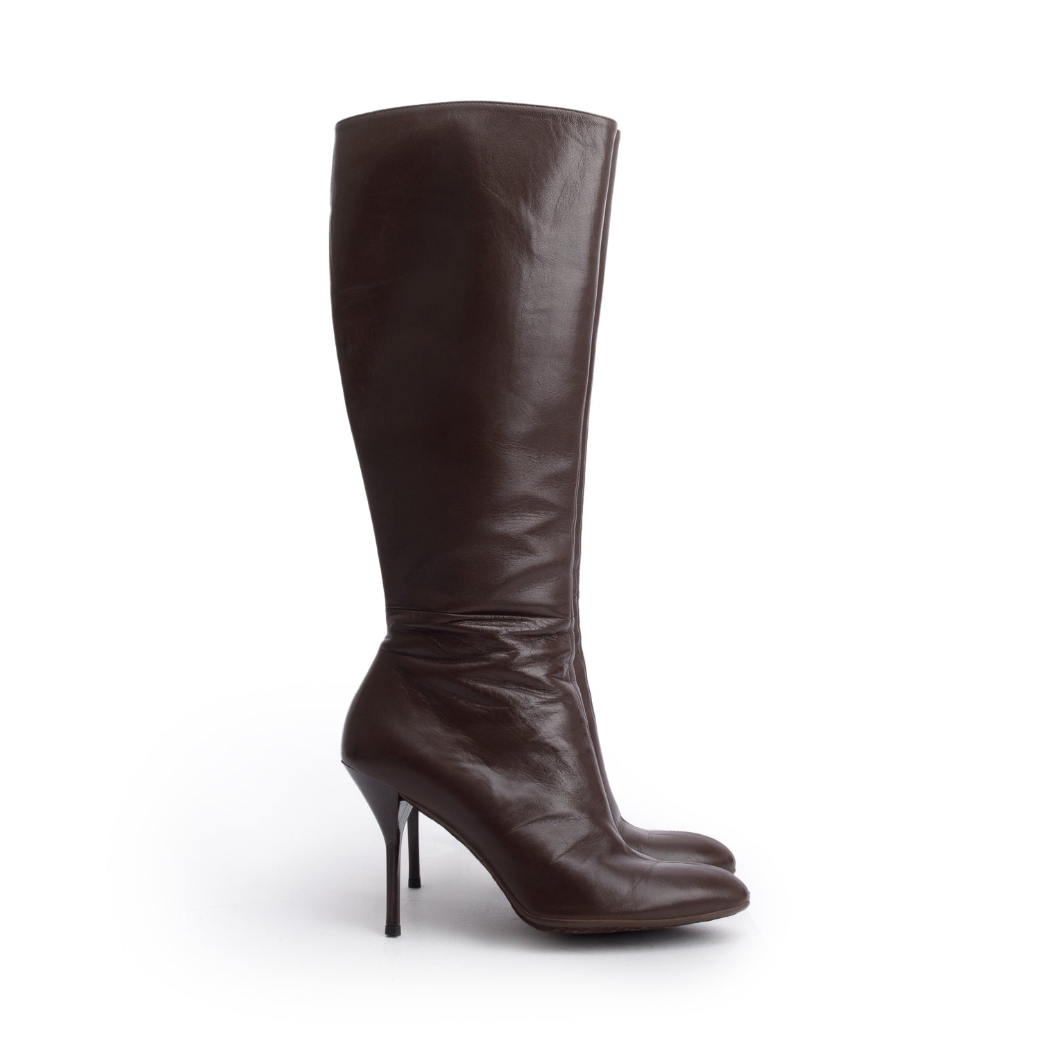 Gucci Brown Leather Knee-High Heeled Boots, Size 37