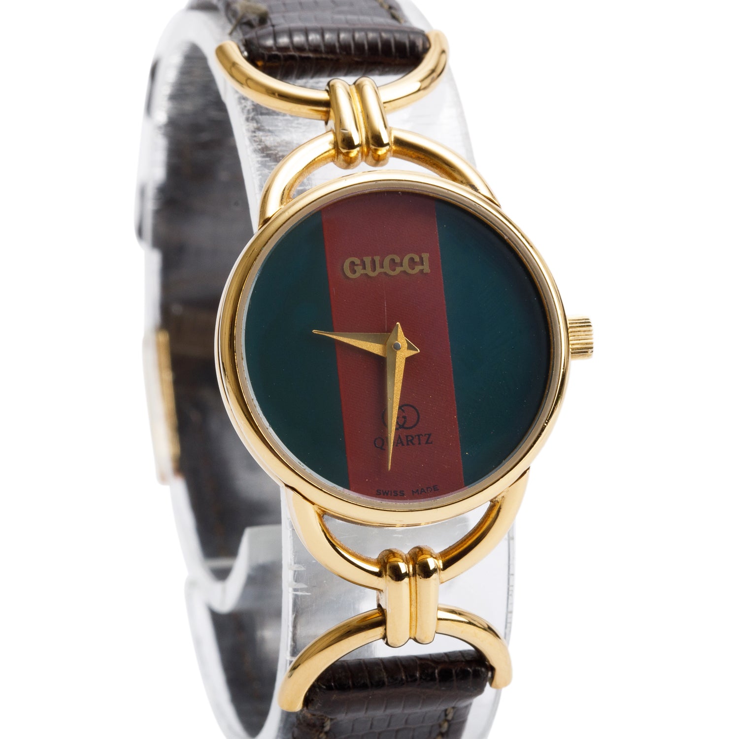Gucci Gold-Plated Stainless Steel 6000 Series 23 MM Quartz Watch Green Red Web Dial