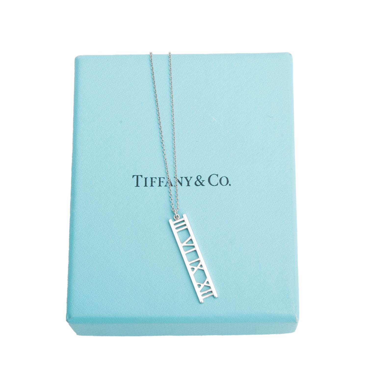 Tiffany & Co. 18k White Gold Atlas Bar Pendant Necklace w/ Box