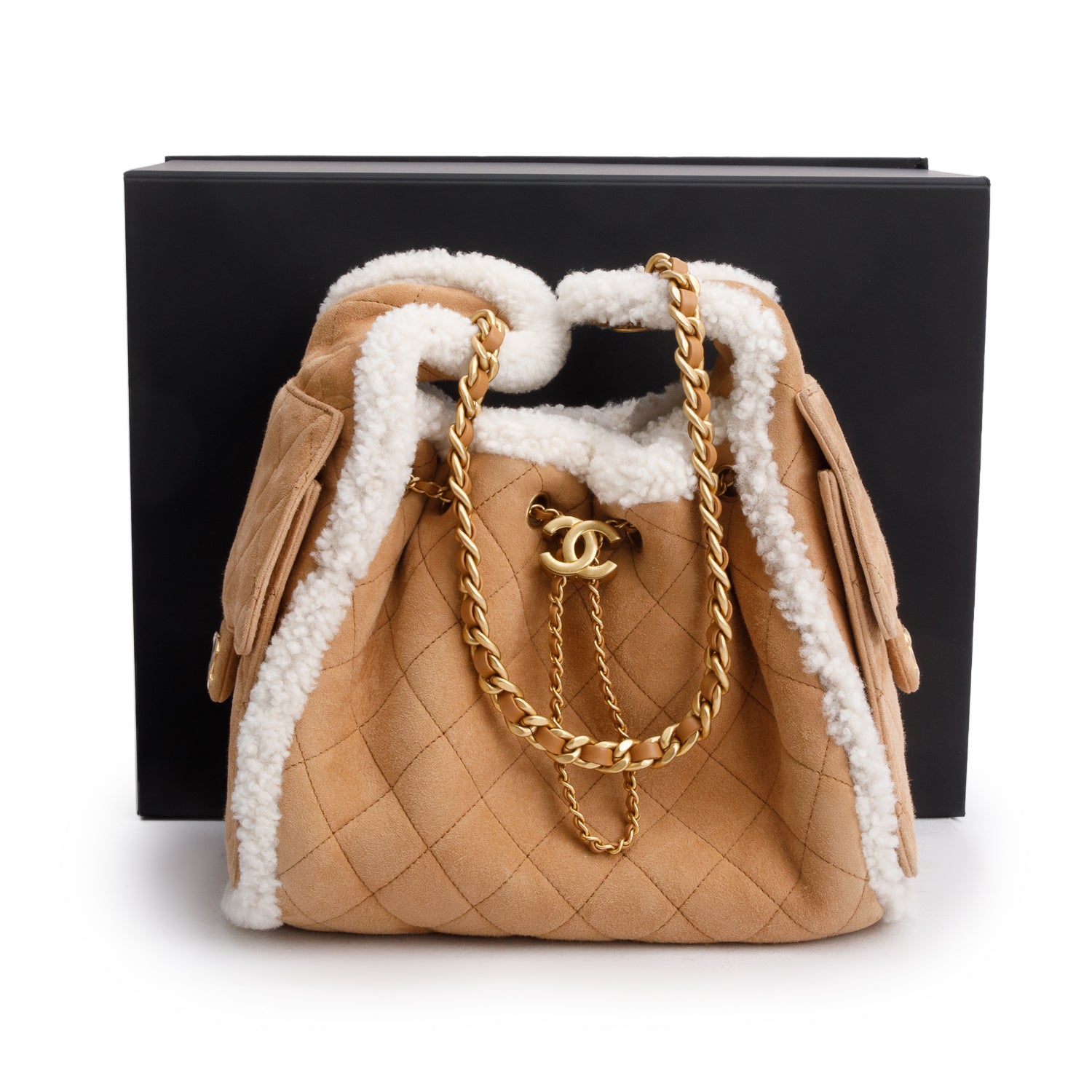 Chanel Brown Suede Quilted Shearling Small 25 Handbag w/ Box