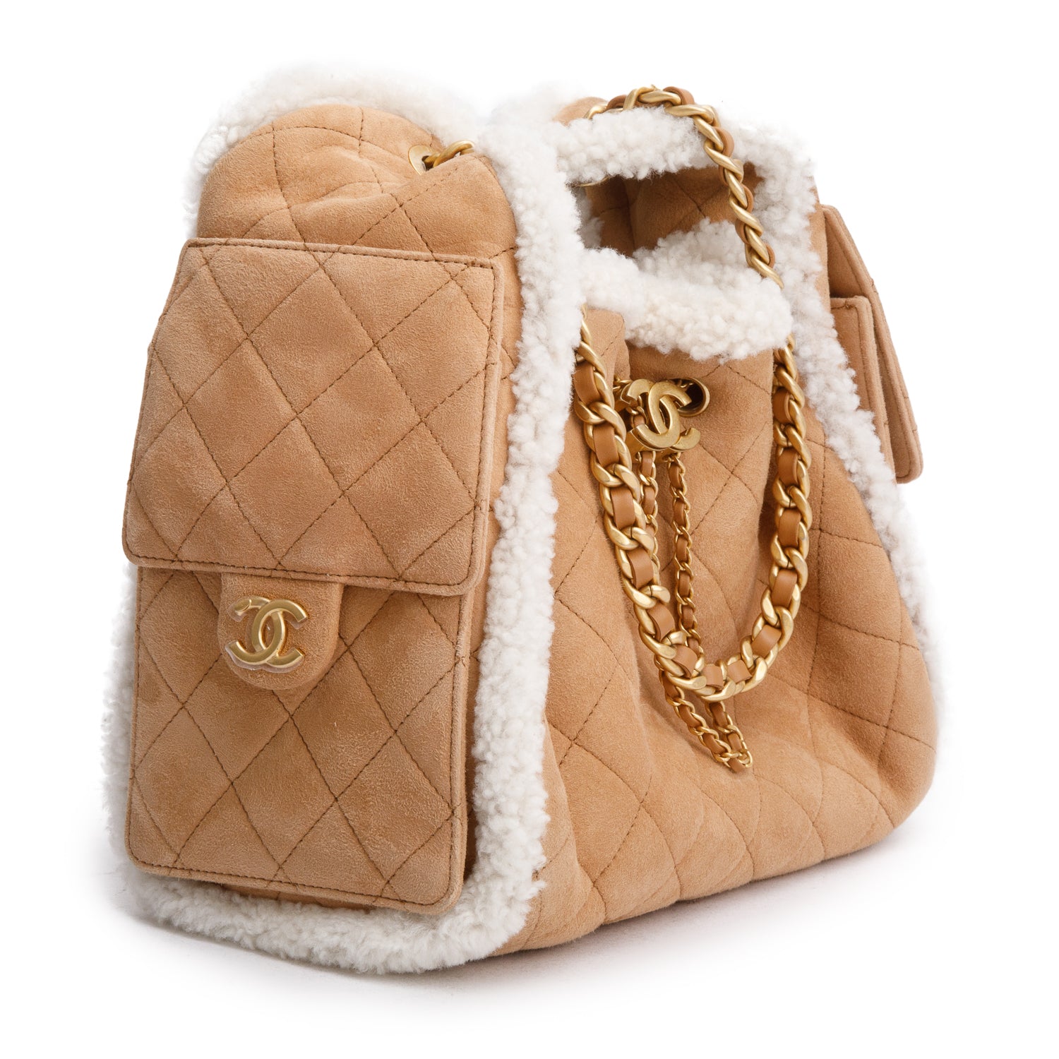 Chanel Brown Suede Quilted Shearling Small 25 Handbag w/ Box