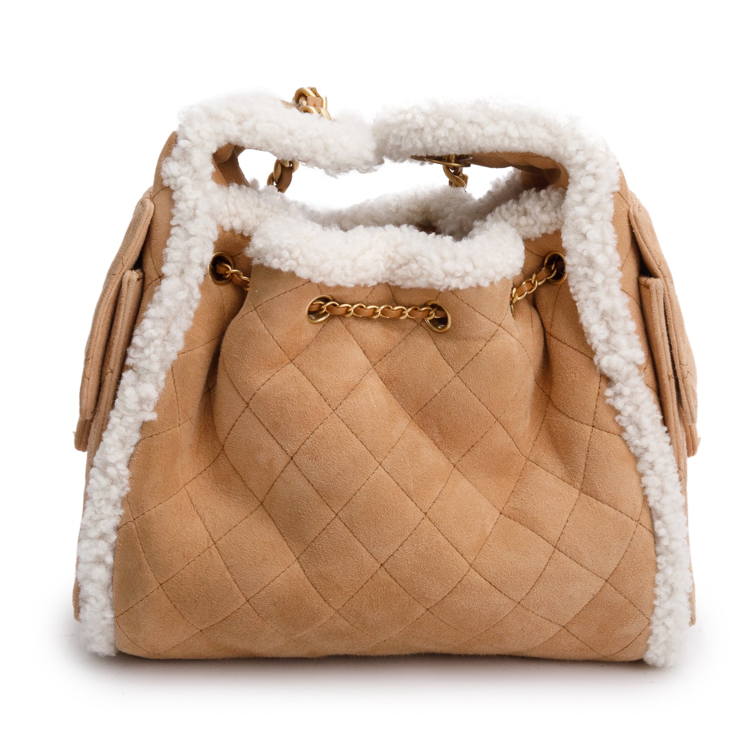 Chanel Brown Suede Quilted Shearling Small 25 Handbag w/ Box
