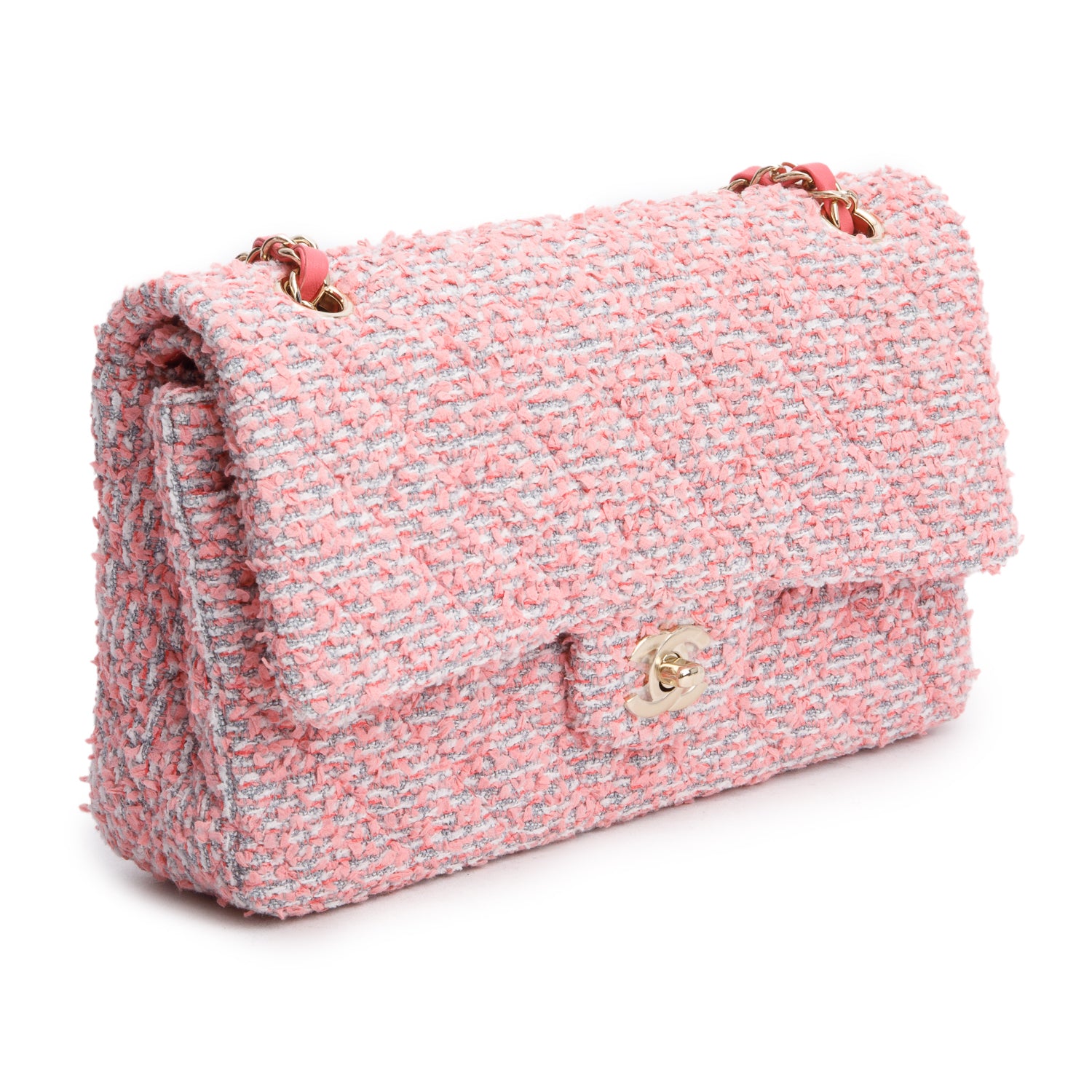 Chanel 2020 Pink Tweed Quilted Medium Double Flap Bag w/ Authenticity Card