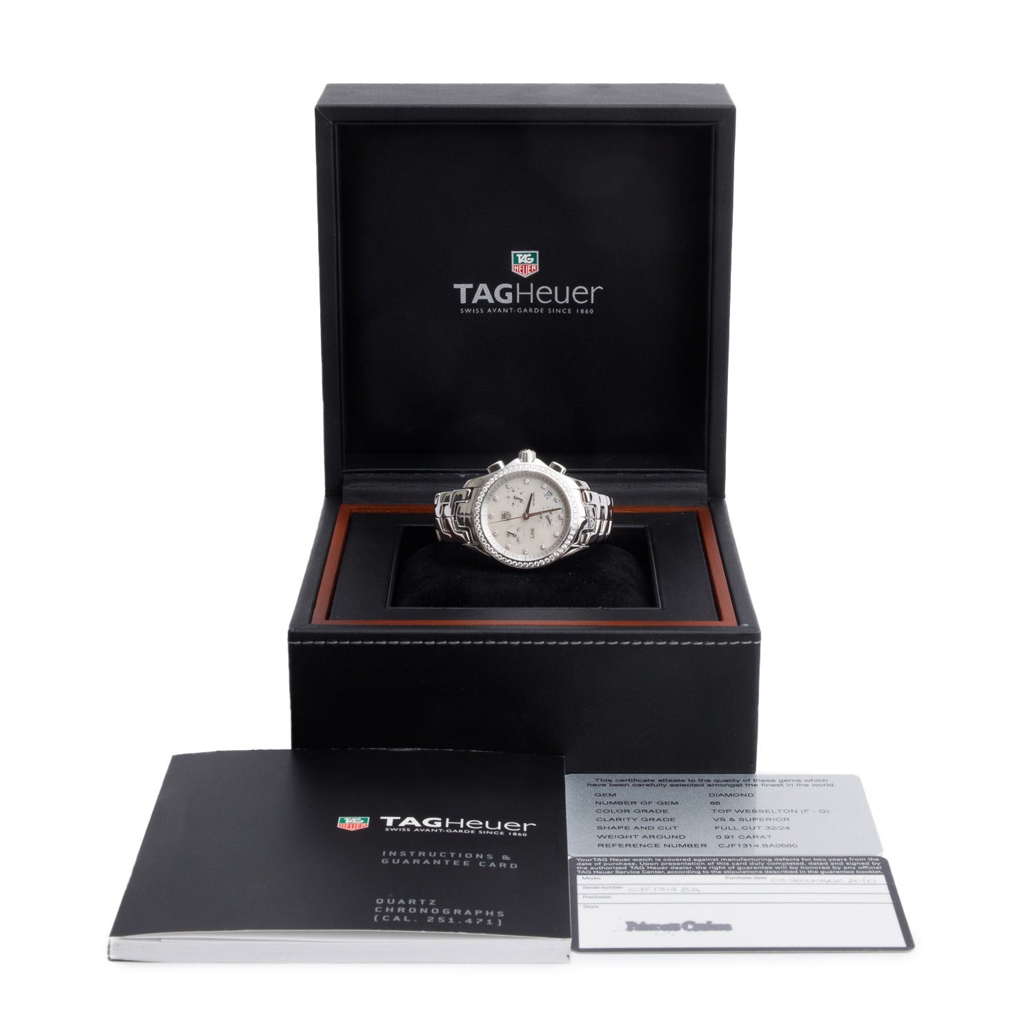 Tag Heuer Stainless Steel Link Diamond Bezel 33 MM Chronograph Quartz Watch Mother of Pearl Diamond Dial CJF1314 w/ Box & Papers