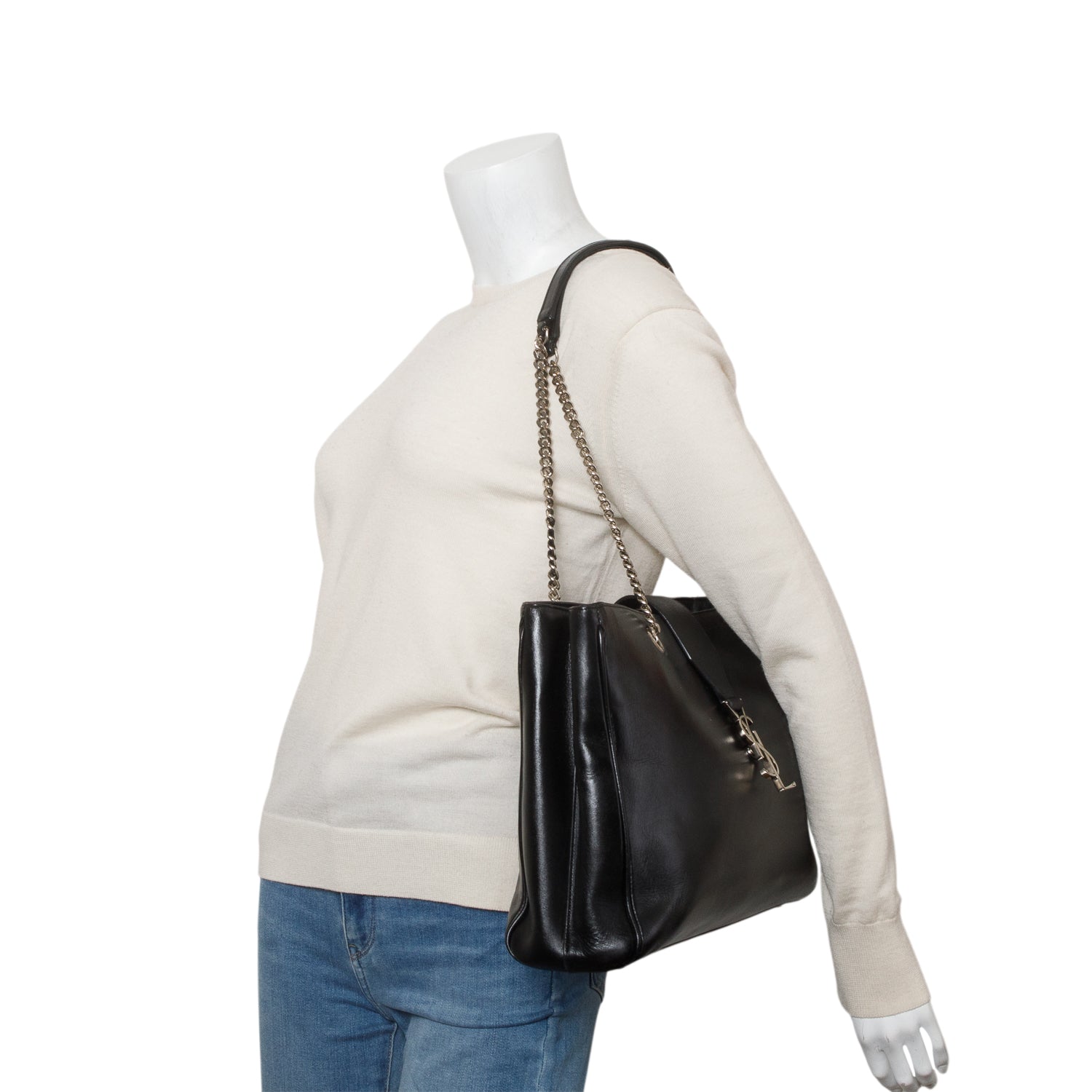 Saint Laurent Black Smooth Calfskin Cassandre Shopping Tote