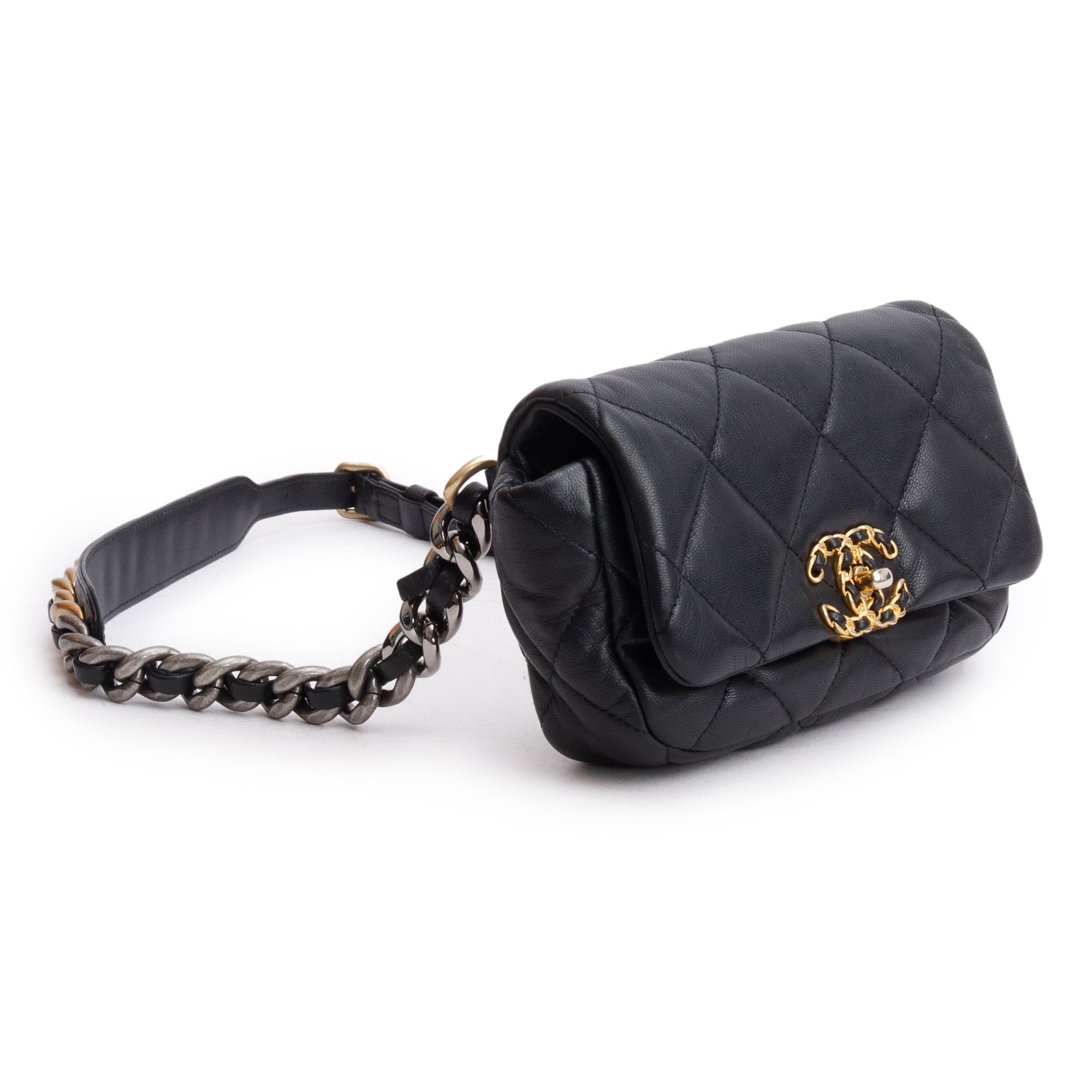 Chanel Black Lambskin Quilted 19 Waist Bag w/ Authenticity Card
