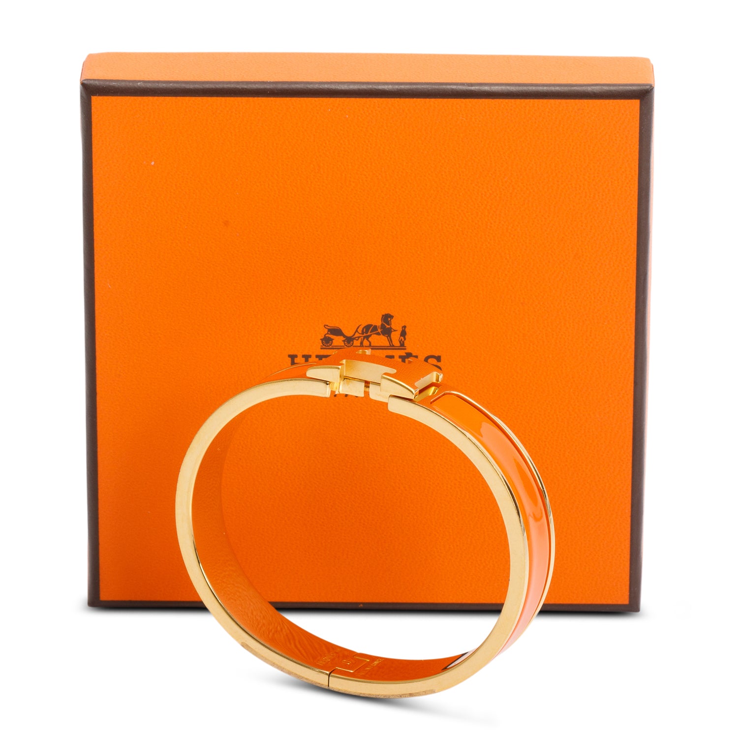 Hermes Yellow Gold Plated Orange Enamel 12 MM Clic H Bracelet w/ Box