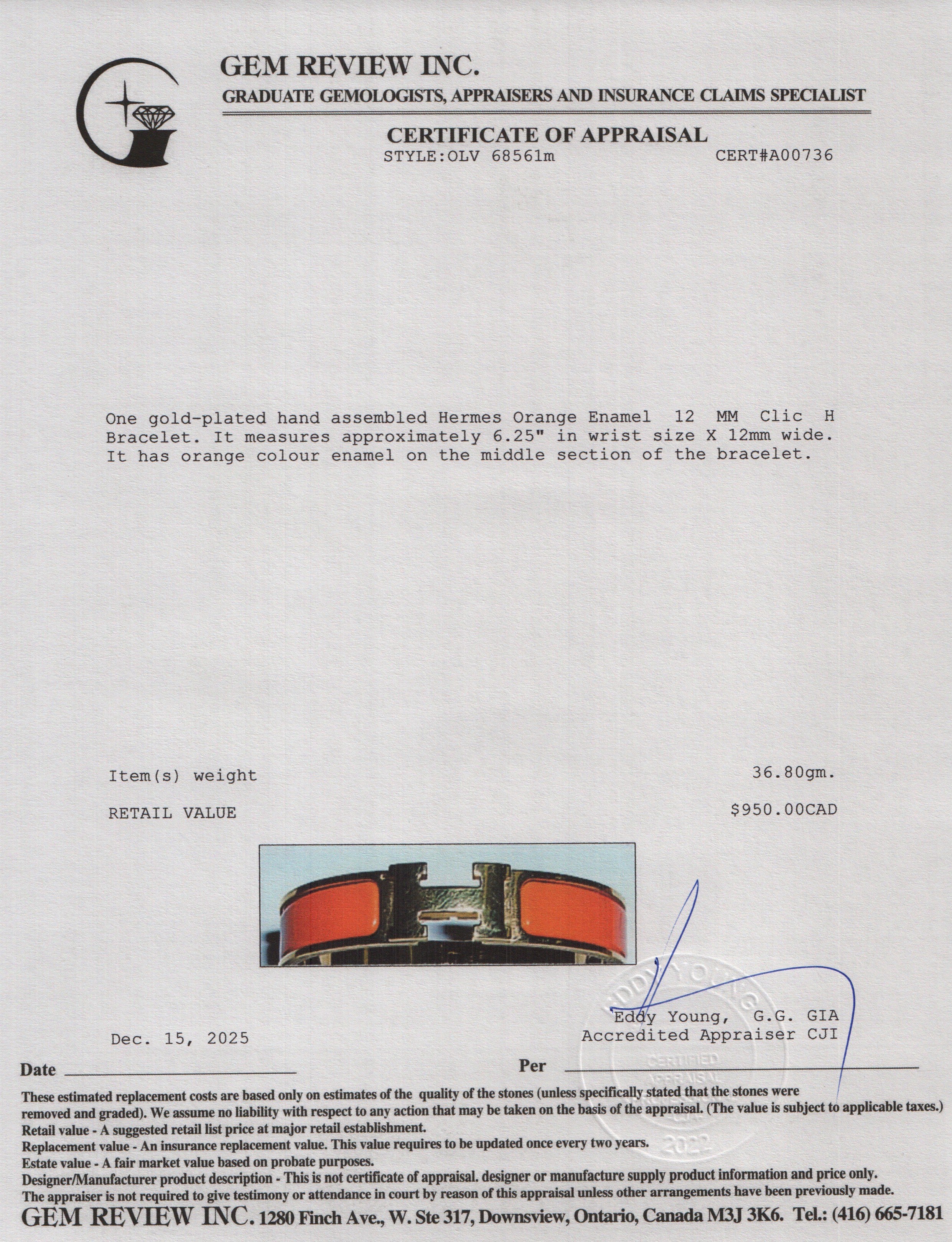 Hermes Yellow Gold Plated Orange Enamel 12 MM Clic H Bracelet w/ Box