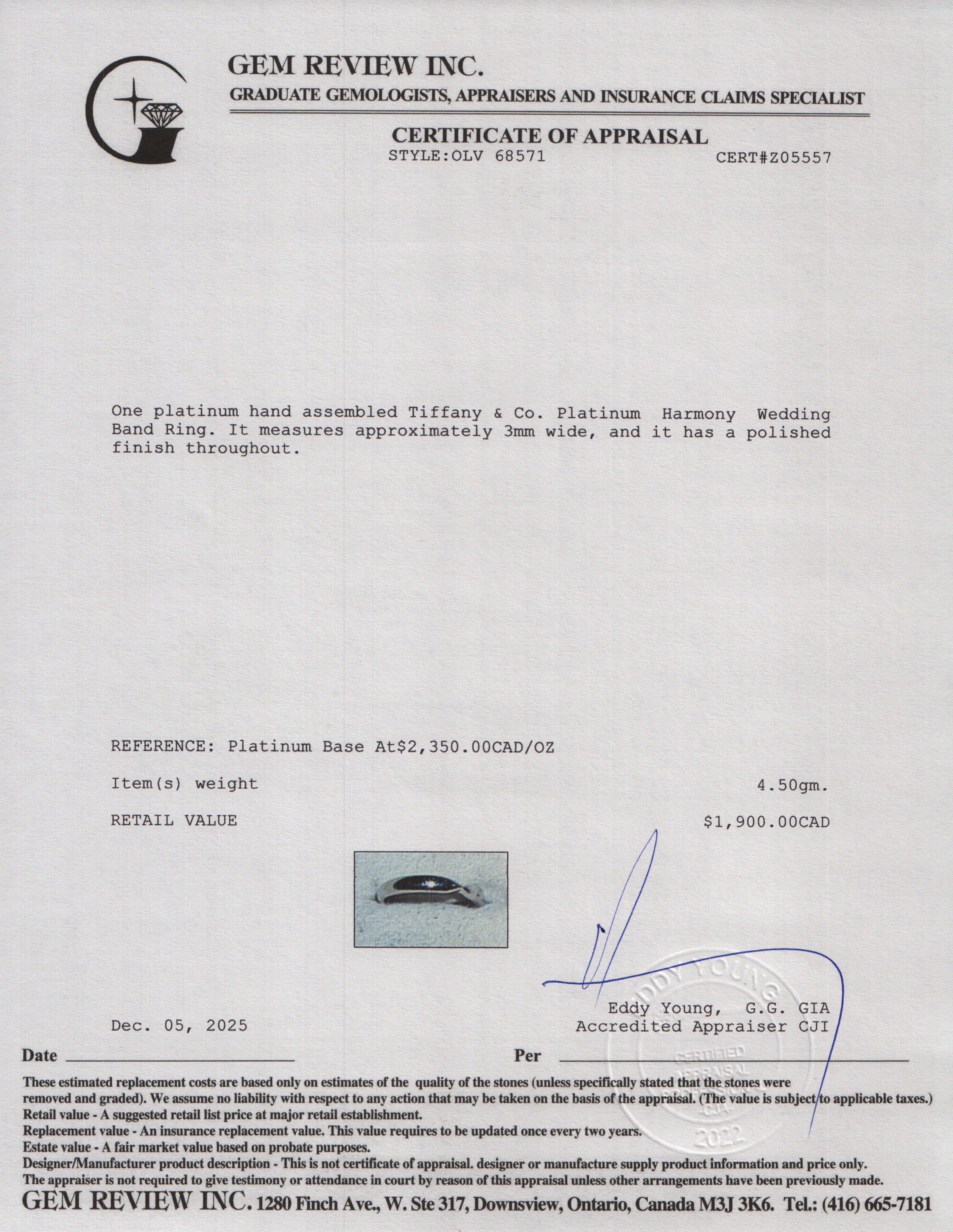 Tiffany & Co. Platinum Harmony 3 MM Wedding Band Ring, Size 5.5