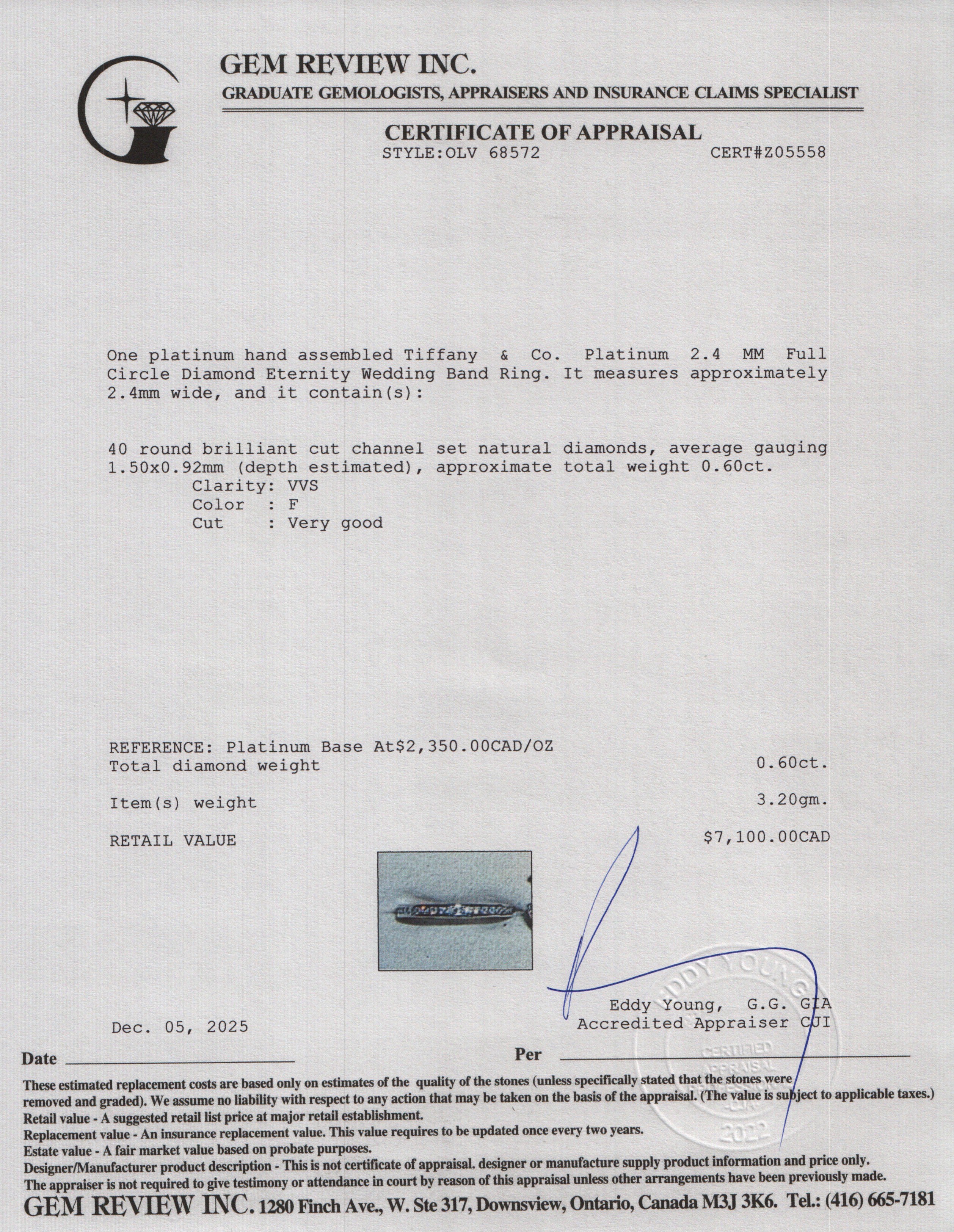 Tiffany & Co. Platinum 2.4 MM Full Circle Diamond Eternity Wedding Band Ring, Size 6.5 w/ Box