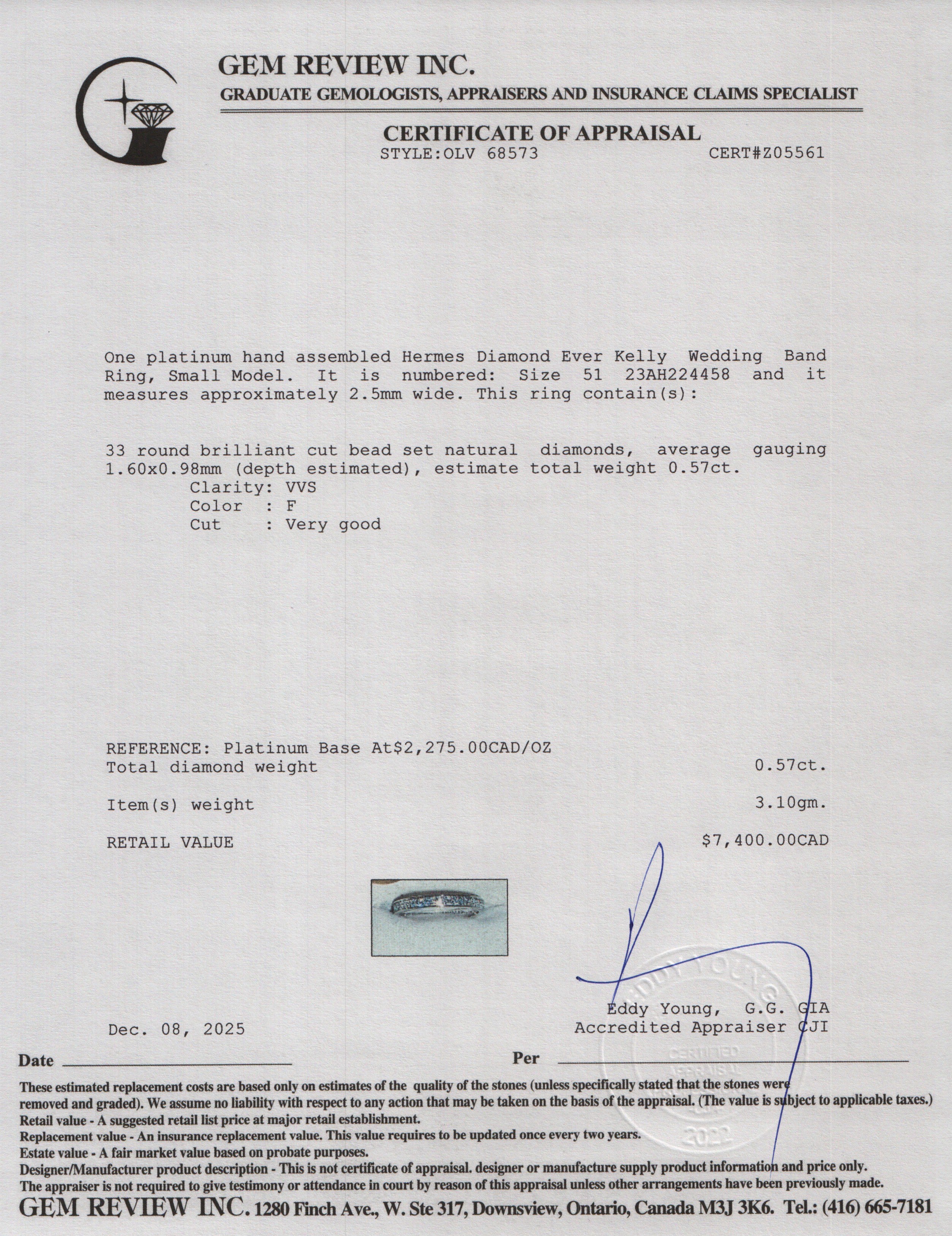 Hermes 2024 Platinum Diamond Ever Kelly Wedding Band Ring, Small Model, Size 51 5.5 w/ Box & Certificate