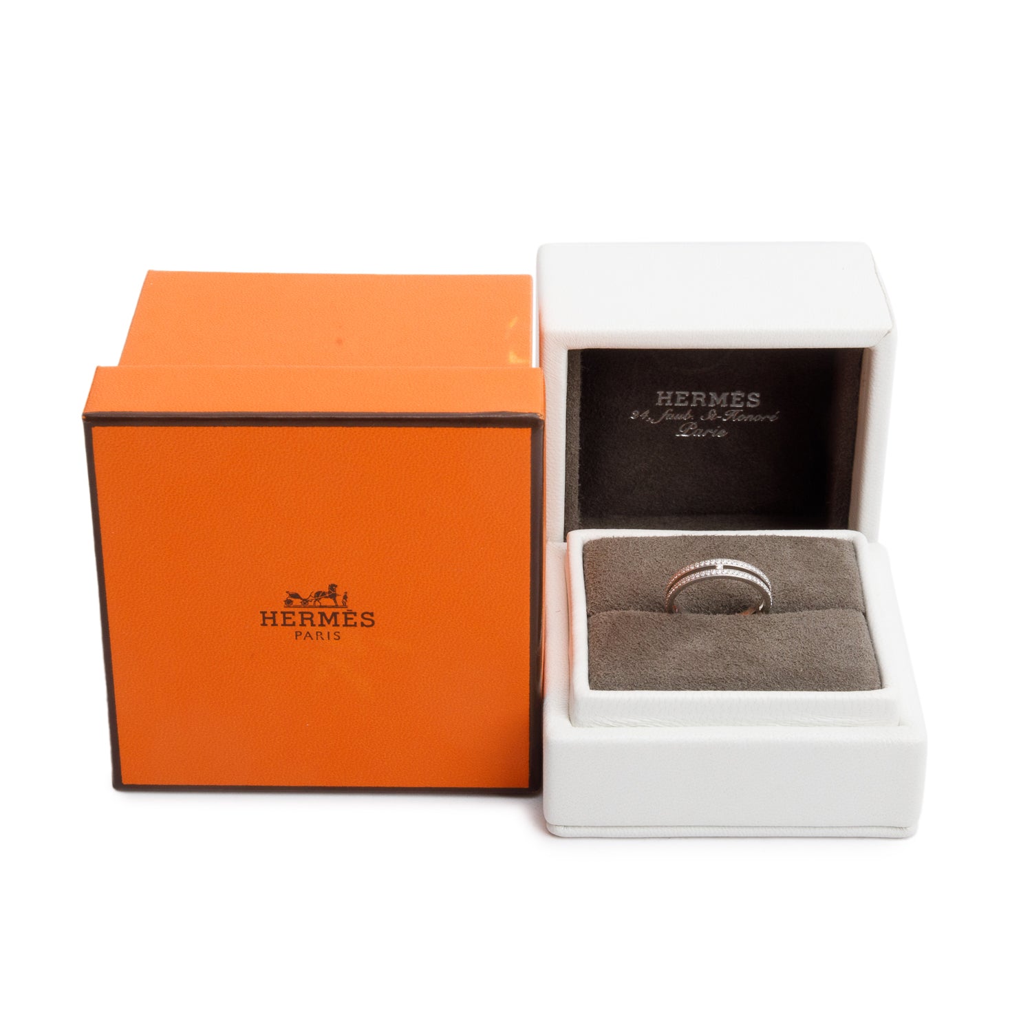 Hermes 18k White Gold Diamond Ariane Wedding Band Ring, Small Model, Size 52 6.25 w/ Box