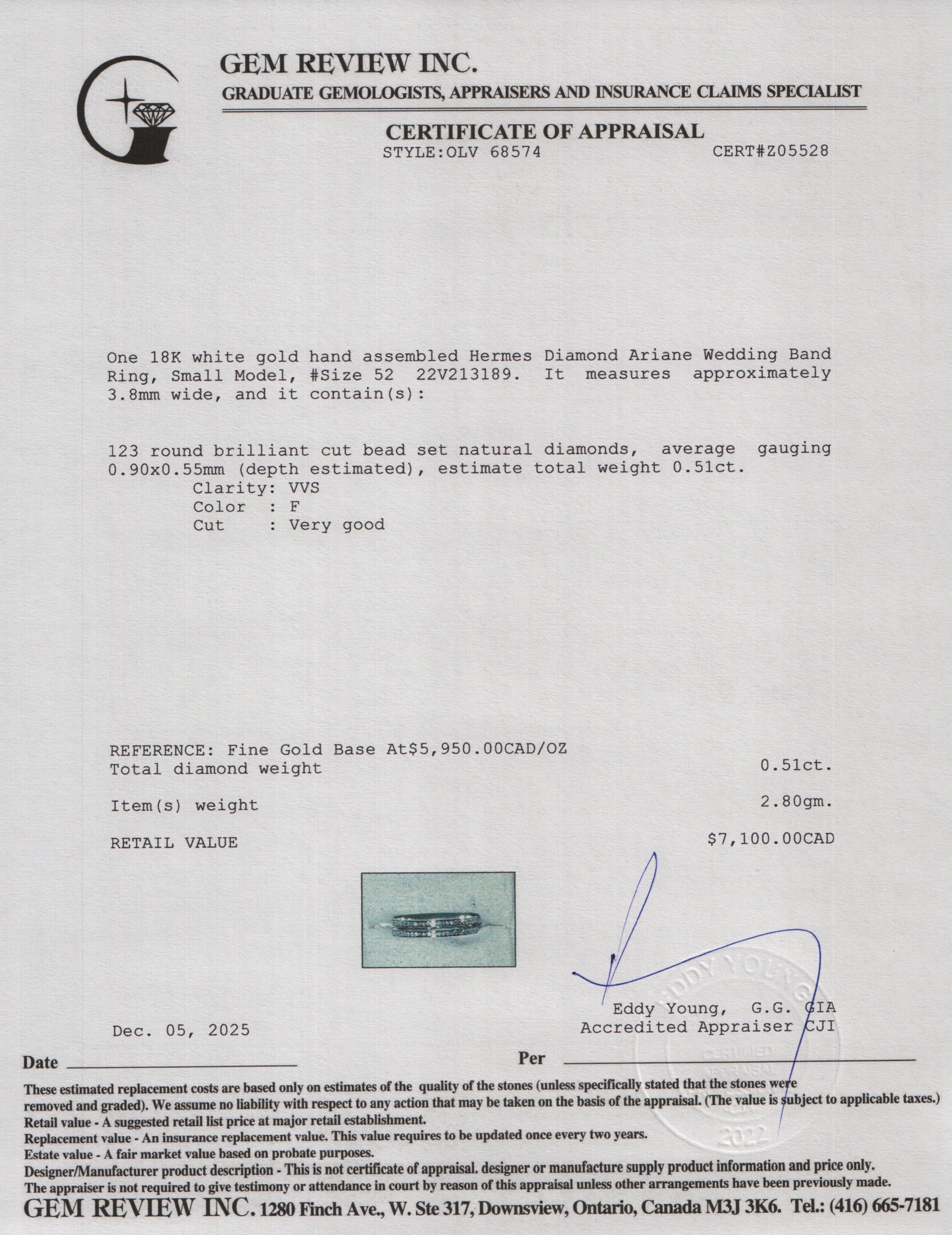 Hermes 18k White Gold Diamond Ariane Wedding Band Ring, Small Model, Size 52 6.25 w/ Box