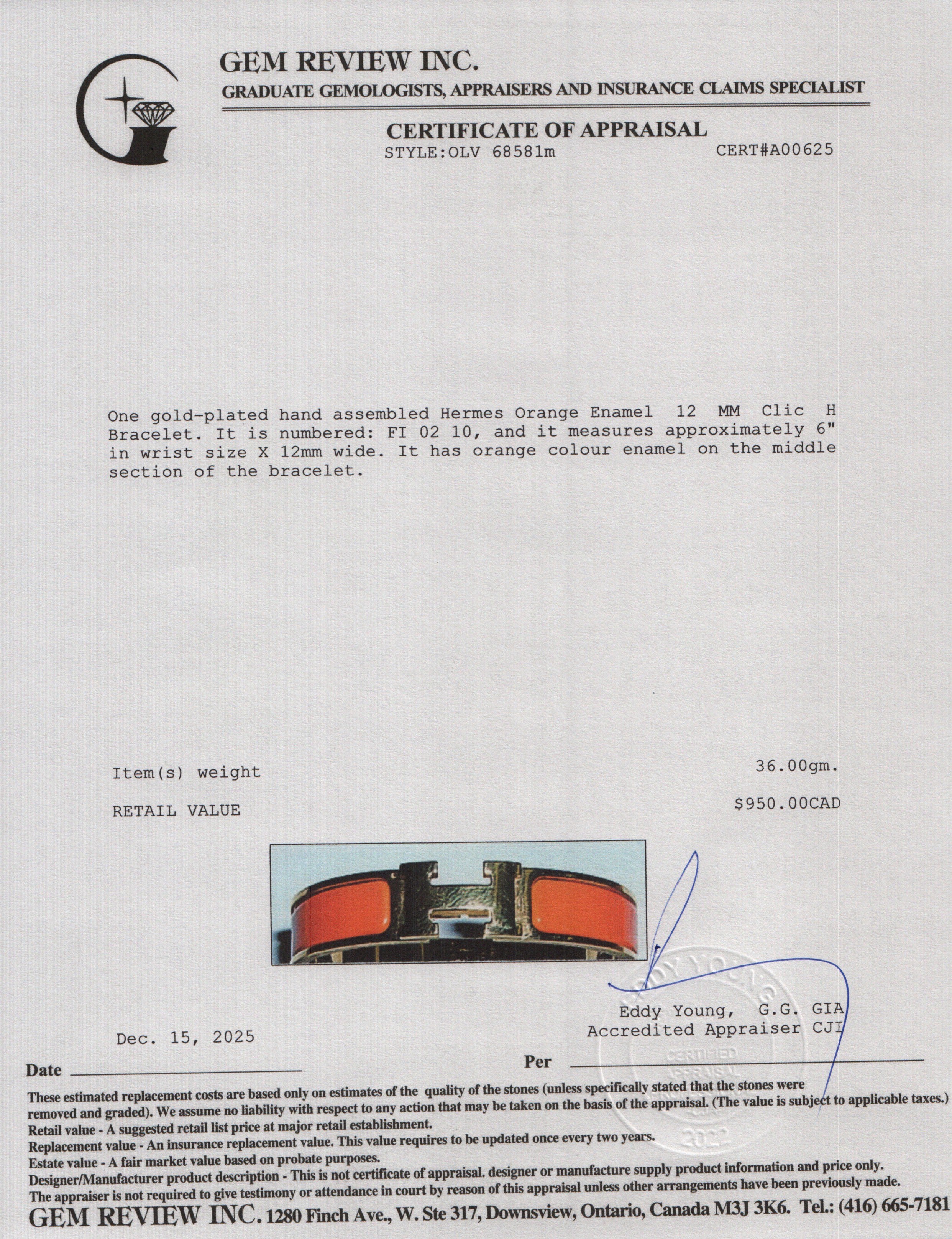 Hermes Yellow Gold Plated Orange Enamel 12 MM Clic H Bracelet w/ Box