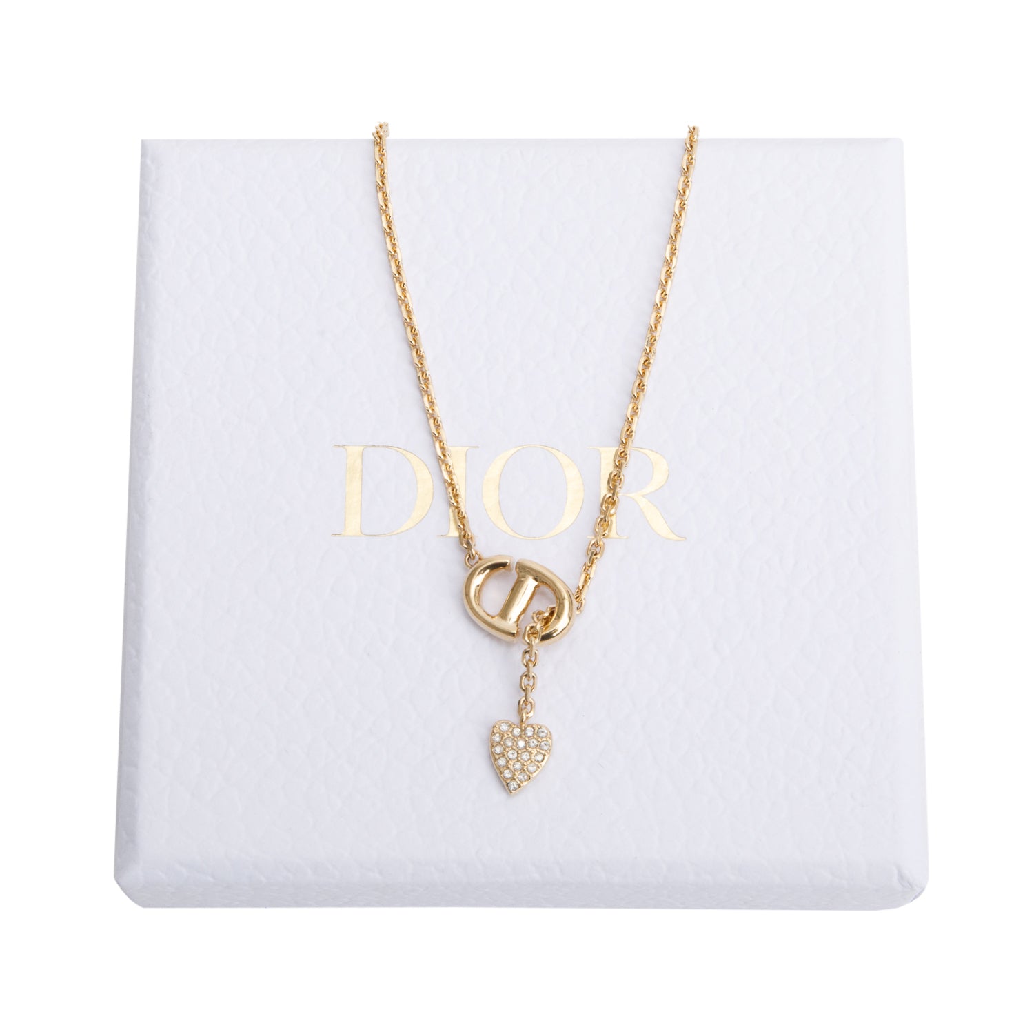 Christian Dior Gold Plated CD Crystal Heart Pendant Necklace w/ Box