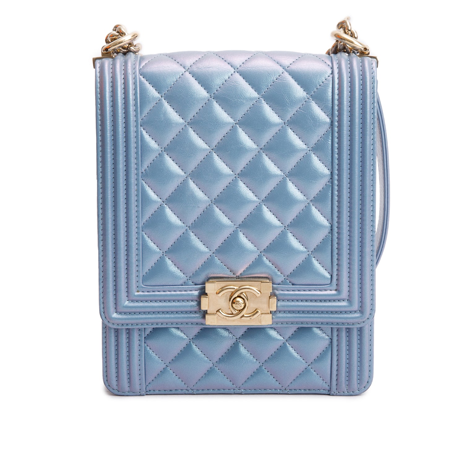 Chanel Blue Iridescent Calfskin Quilted North South Boy Flap Bag w/ Authenticity Card