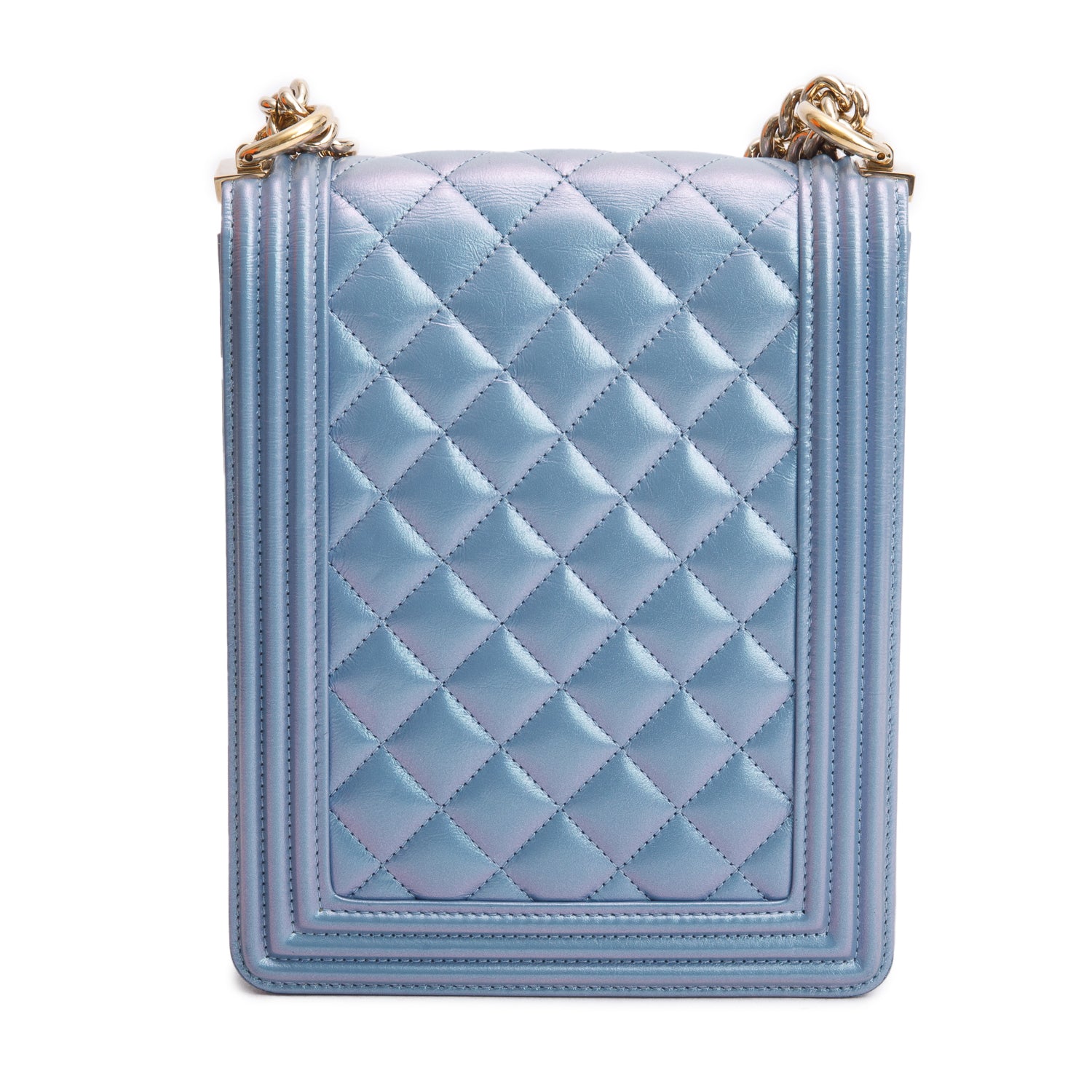 Chanel Blue Iridescent Calfskin Quilted North South Boy Flap Bag w/ Authenticity Card