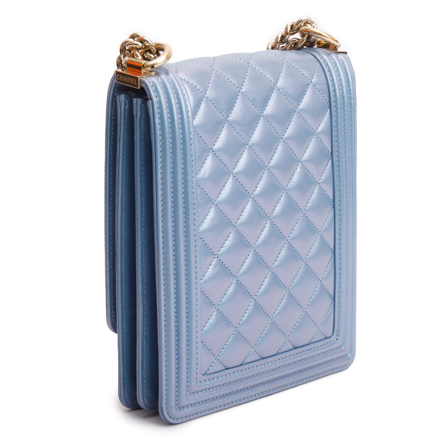 Chanel Blue Iridescent Calfskin Quilted North South Boy Flap Bag w/ Authenticity Card